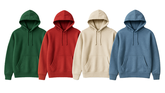 Red hoodie, green and red hoodie, and green hoodie displayed together.