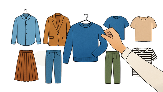Drawing of green pants, blue long-sleeved shirt, and cartoon t-shirt.