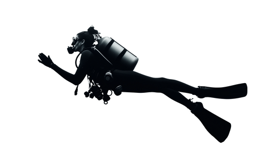 A sketch of a woman in scuba gear next to a leg with a gun.