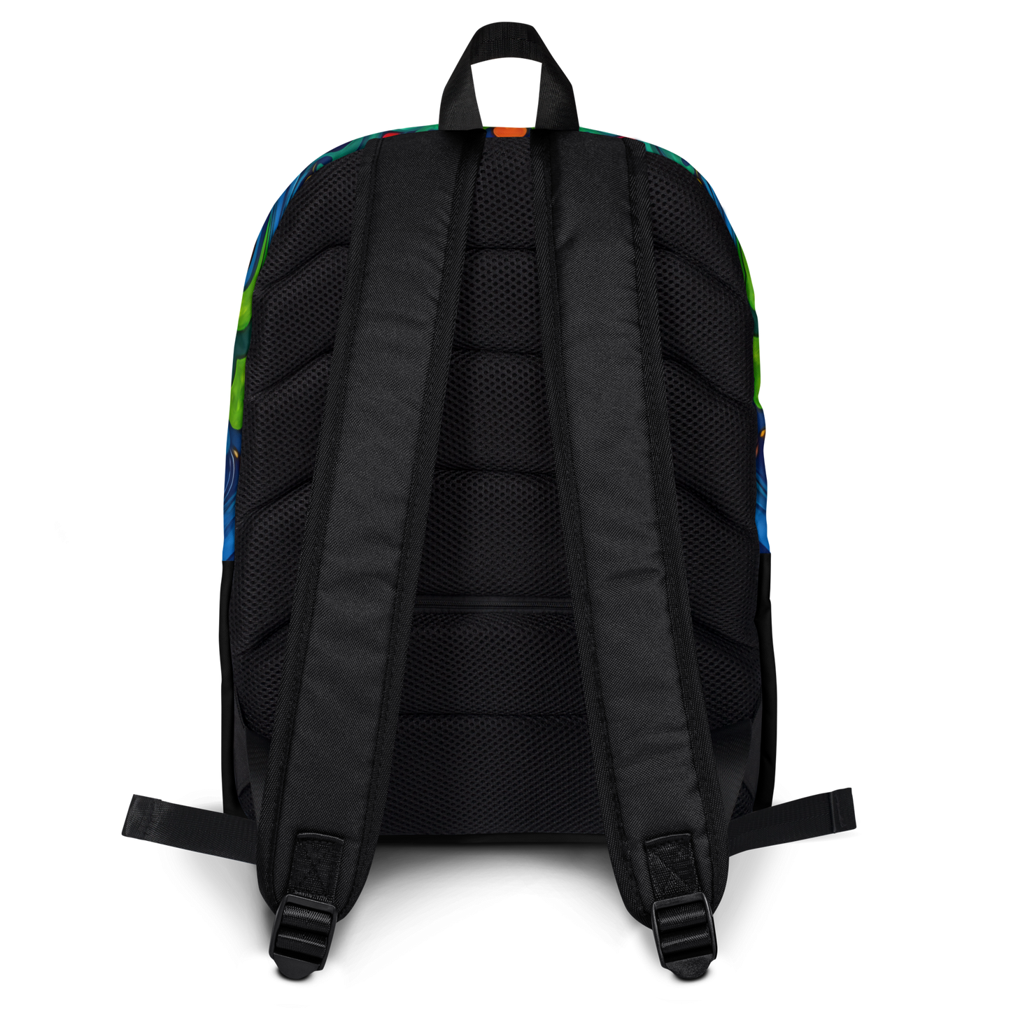 Bohemian Rhapsody Backpack, back view, showcasing ergonomic straps and pockets.