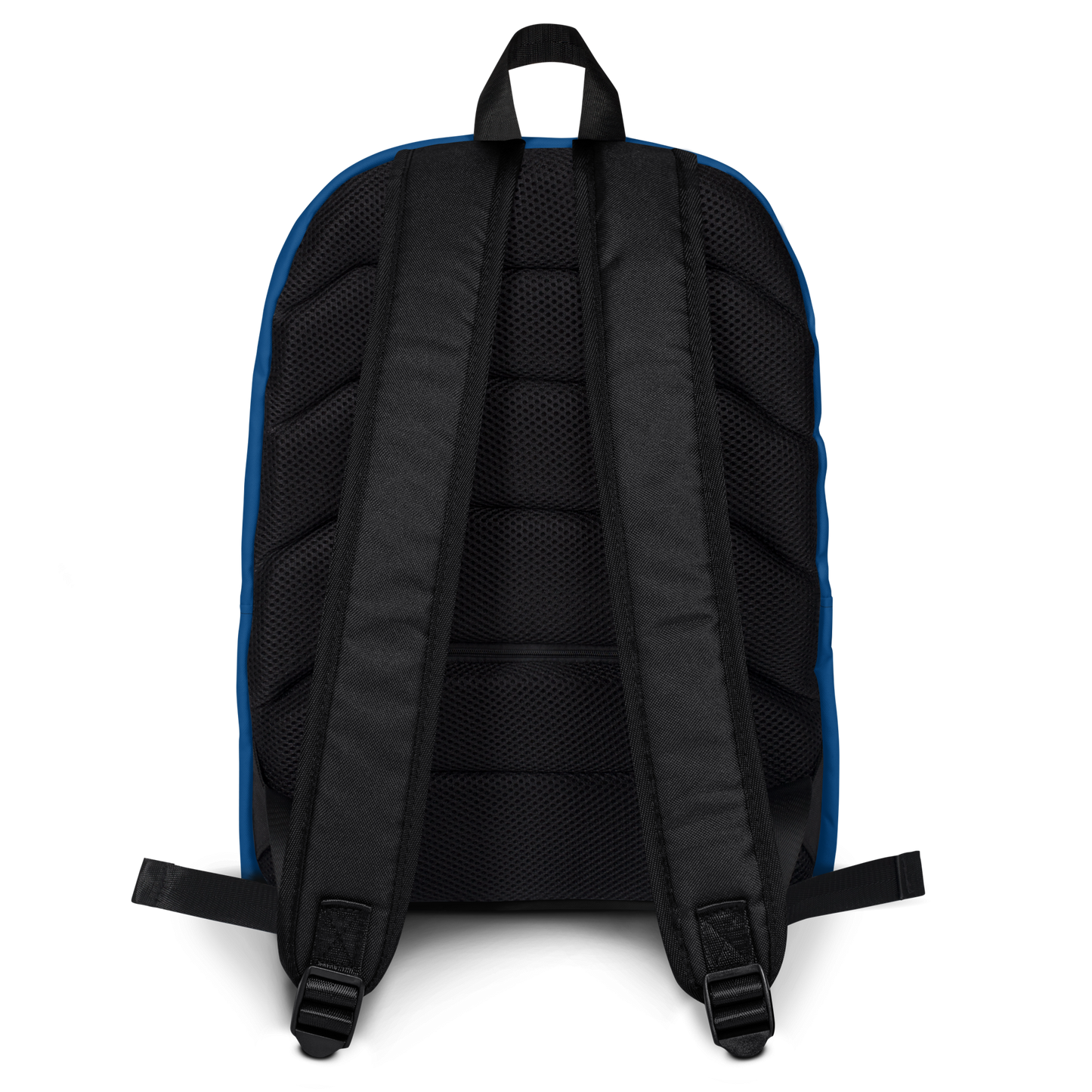 Back of Blue Backpack with ergonomic straps and multiple pockets.