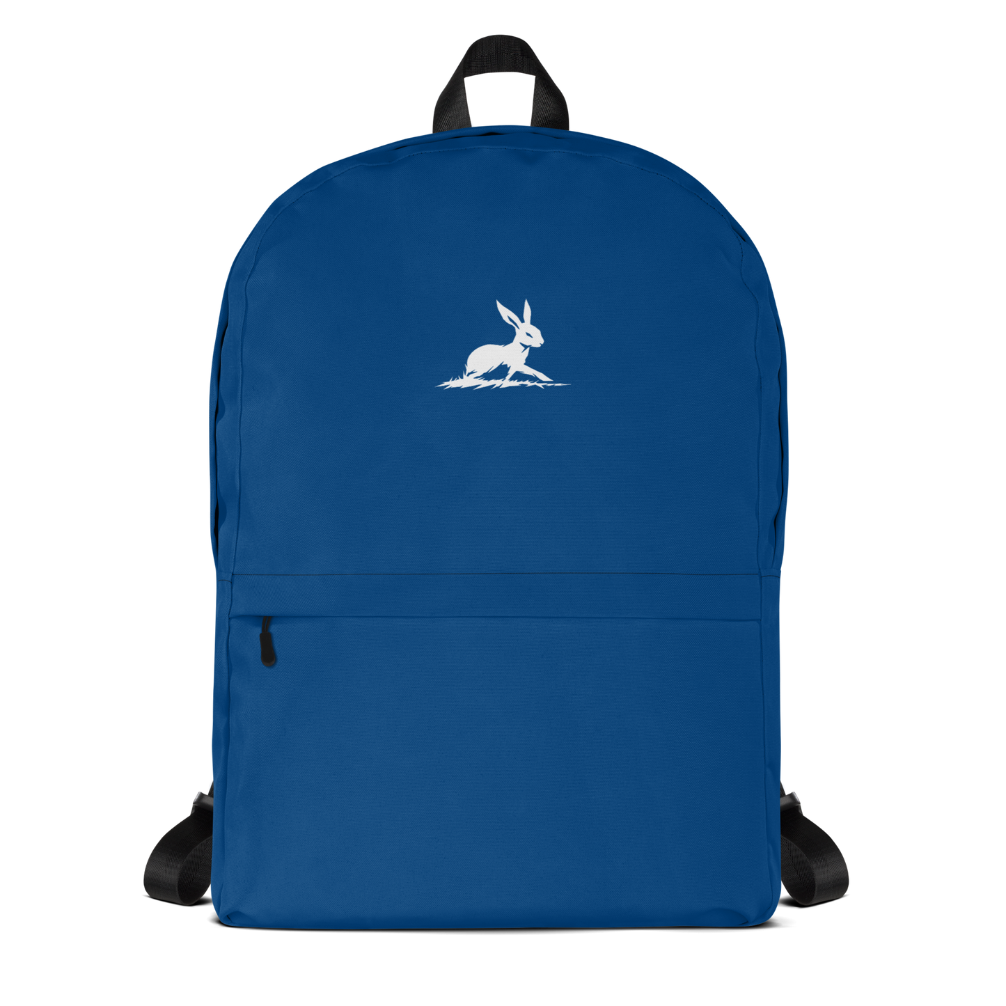 Blue Backpack with white rabbit design, featuring multiple pockets and laptop sleeve.