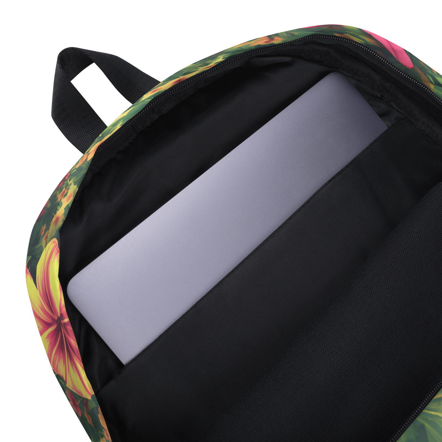 Bloom Pack backpack with a laptop inside, showcasing its dedicated sleeve.