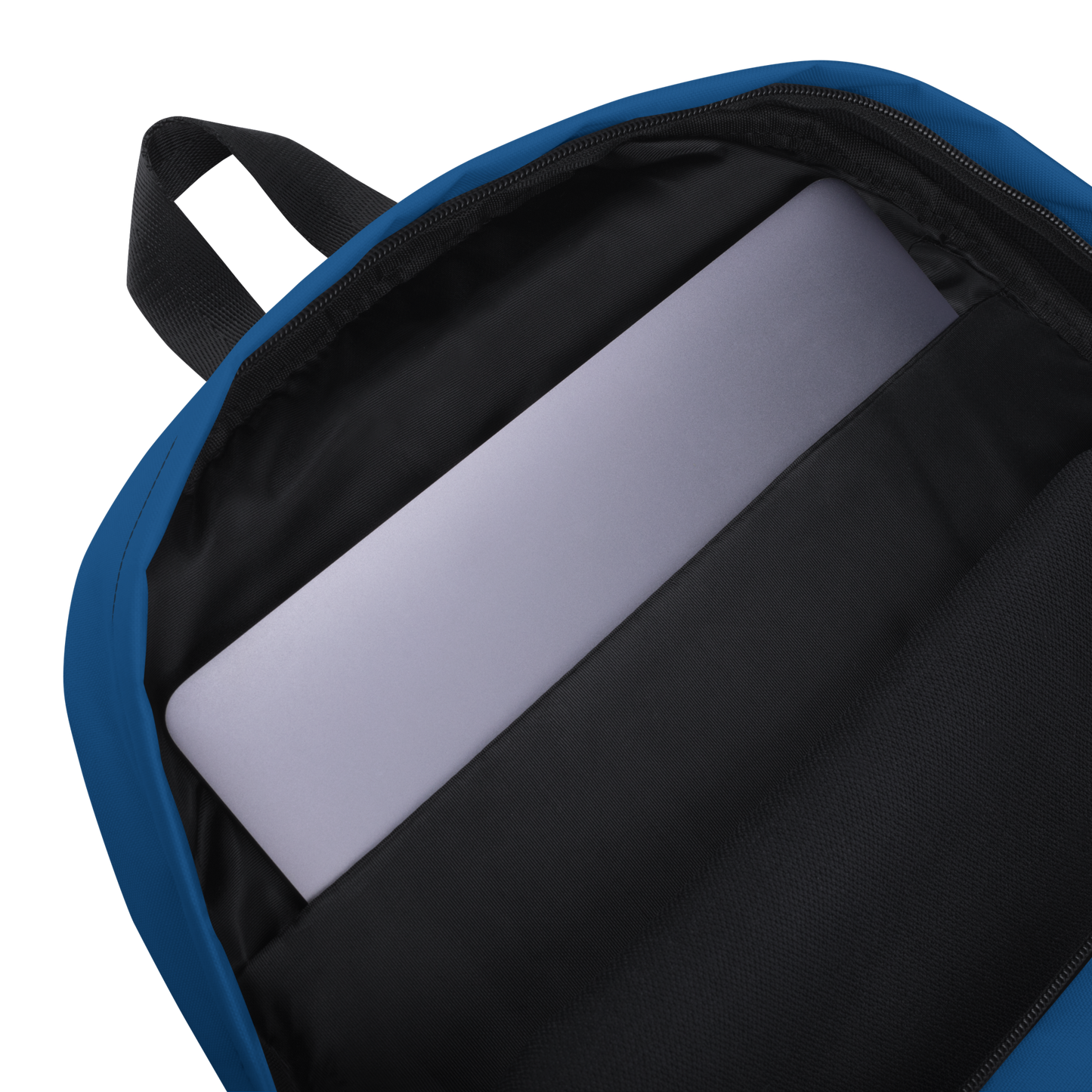 Blue Backpack: close-up of laptop in a sleek, water-resistant backpack.