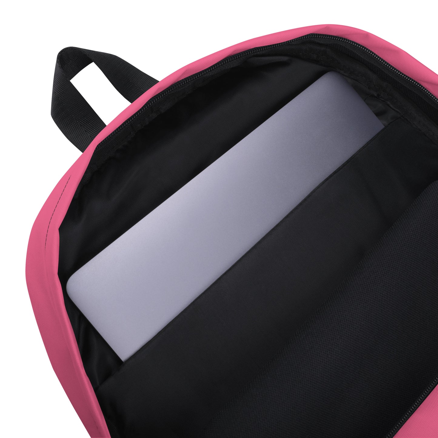 Light Pink Backpack with zipper, laptop sleeve, and multiple pockets.