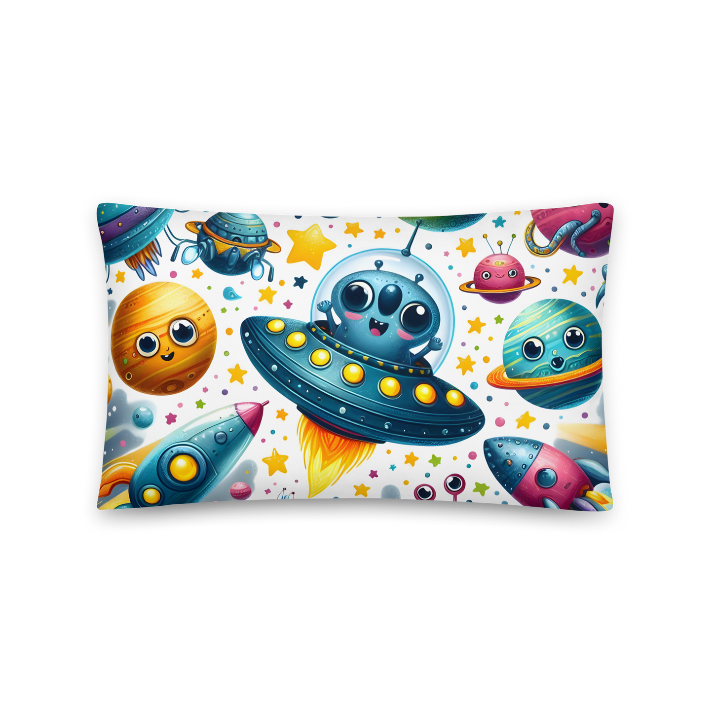 Pillow 2 featuring cartoon planet, blue alien, and planet with face.