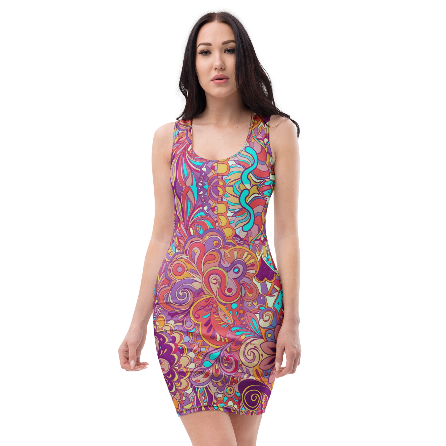 Woman wearing Bodycon Dress, showcasing its fitted silhouette and smooth, stretch fabric.