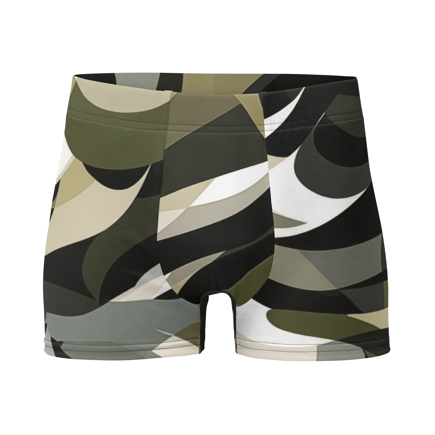 Camo Boxer Briefs 1 close-up; patterned fabric, snug fit, seamless back.