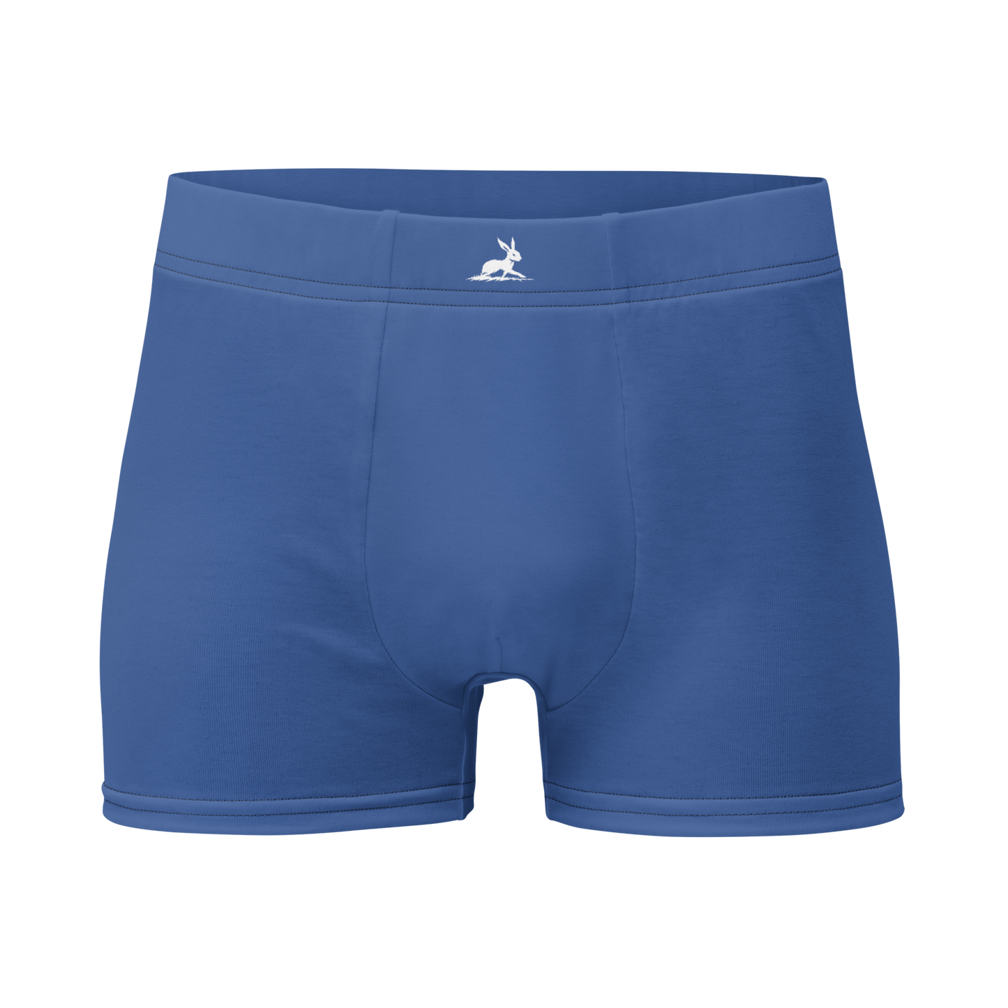 Blue Boxer Briefs featuring a white rabbit design on the back and side.