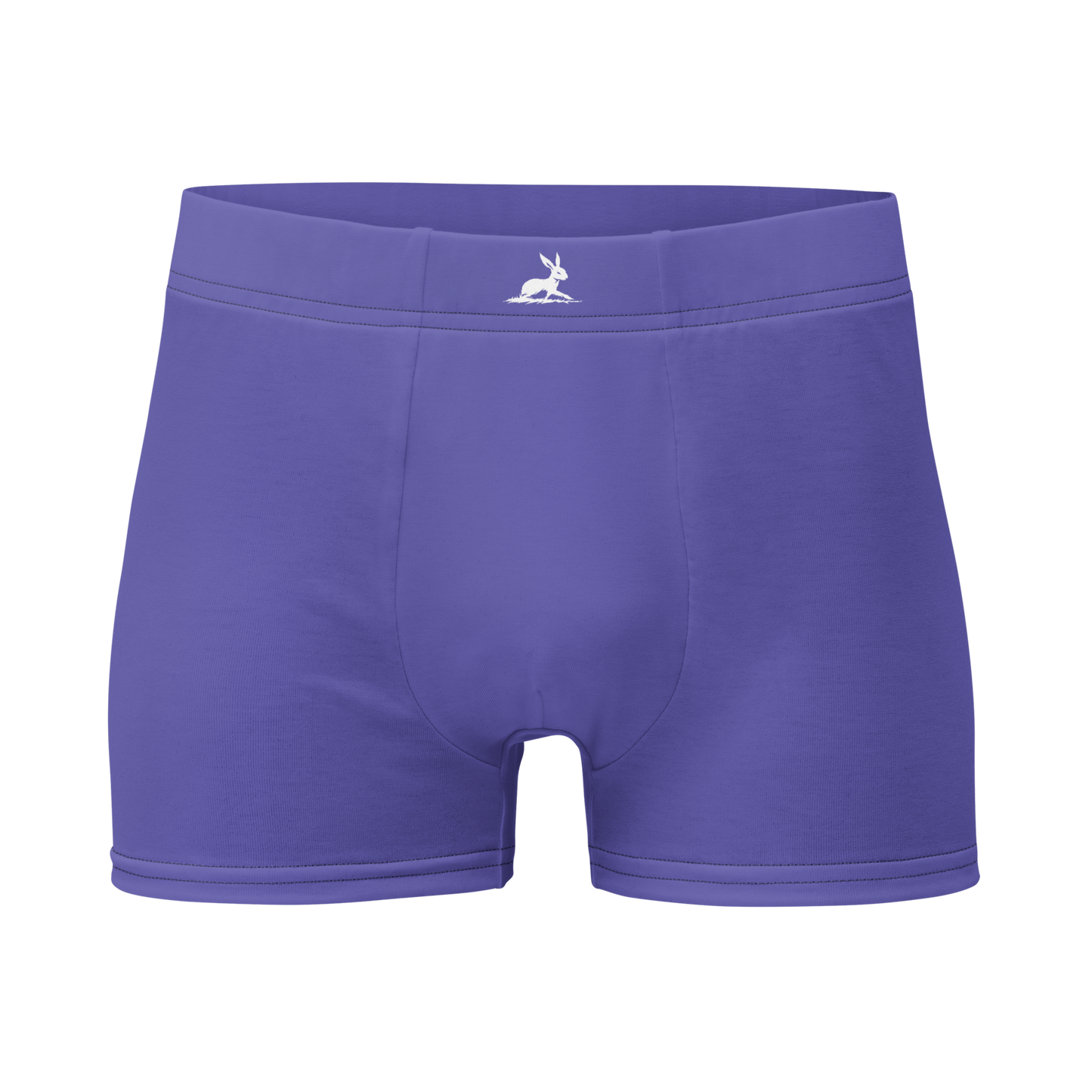 Purple Boxer Briefs with rabbit logo, seamless back, lined front pouch.