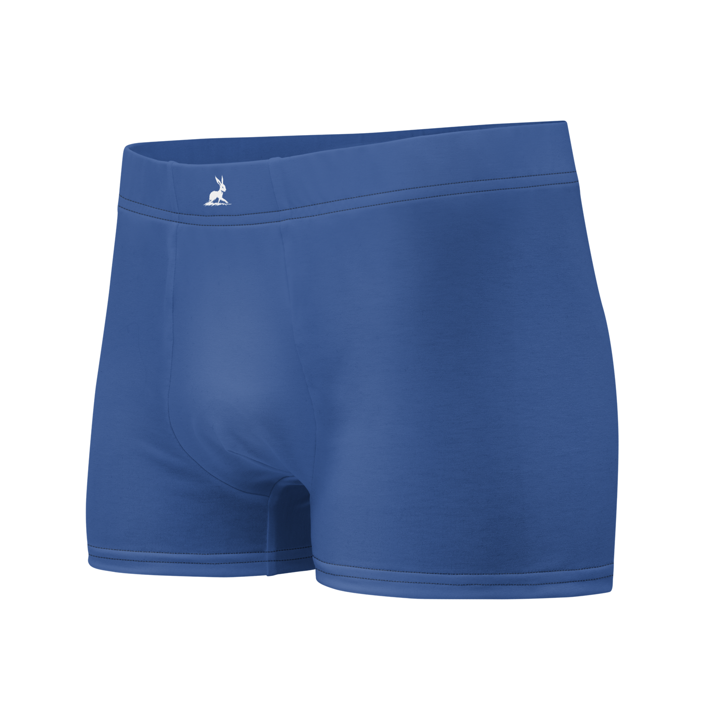 Blue Boxer Briefs with white rabbit logo, offering snug fit and support.