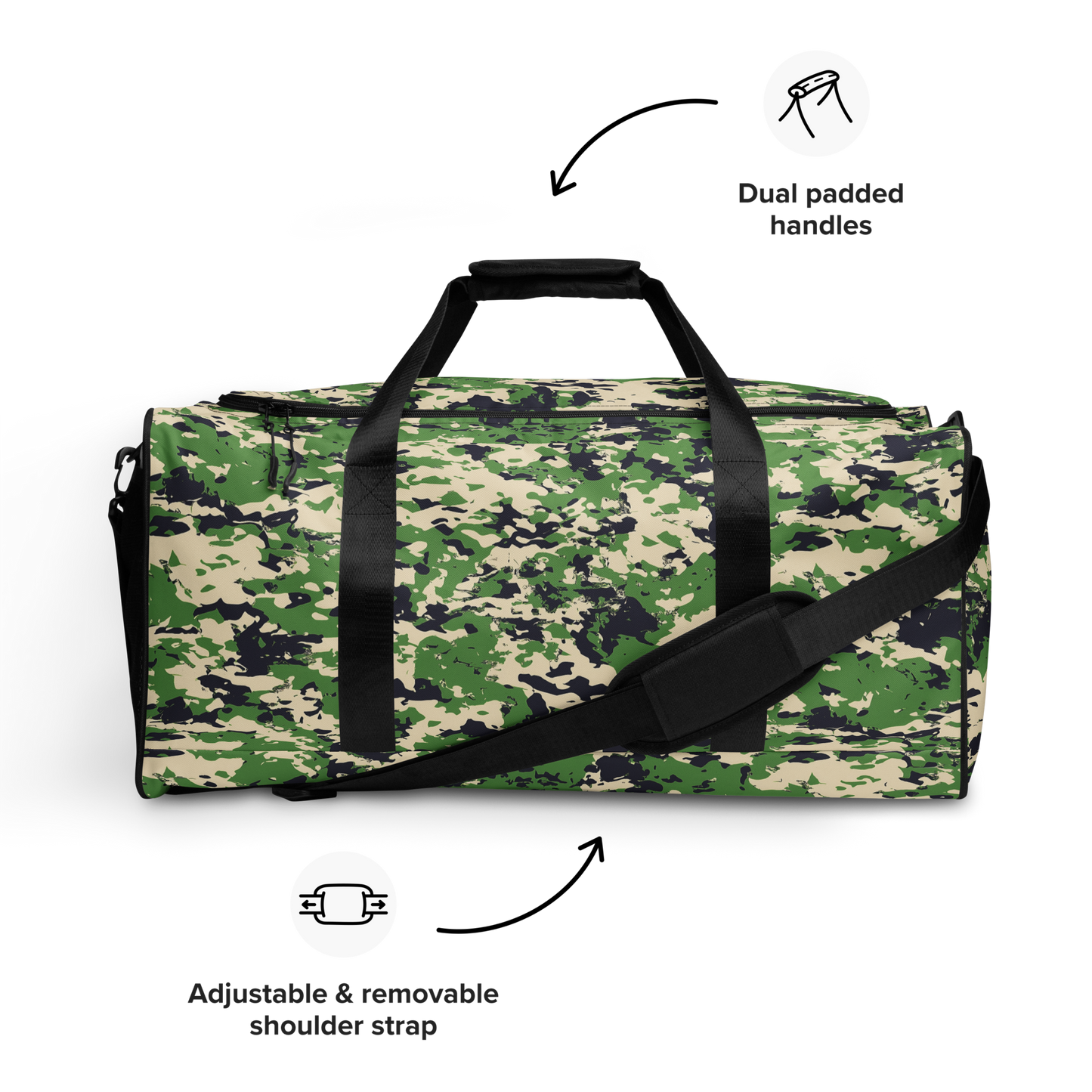 Camo Duffel Bag with multiple pockets and padded shoulder strap.