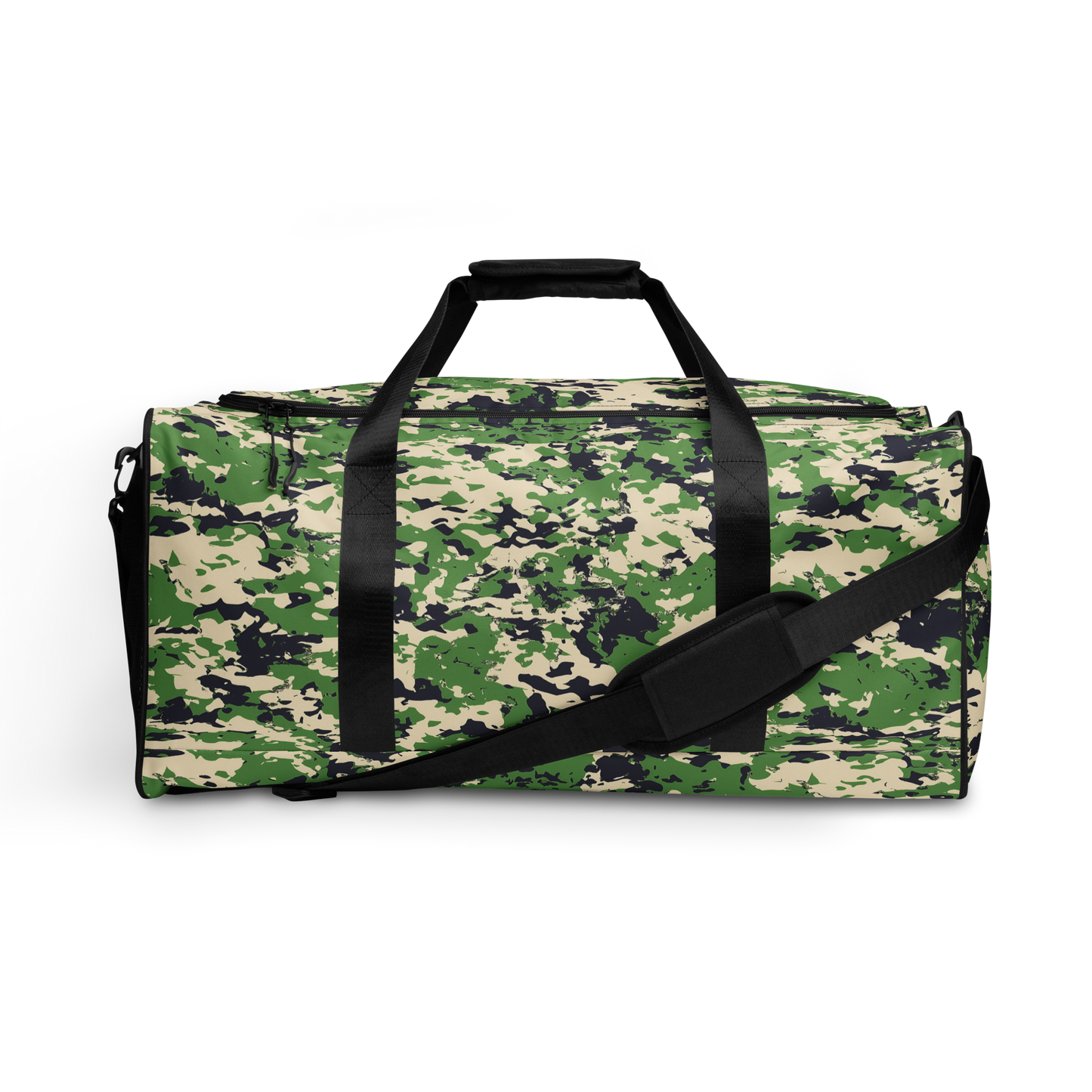 Camo Duffel Bag with black straps, zippered compartment, and padded handles.