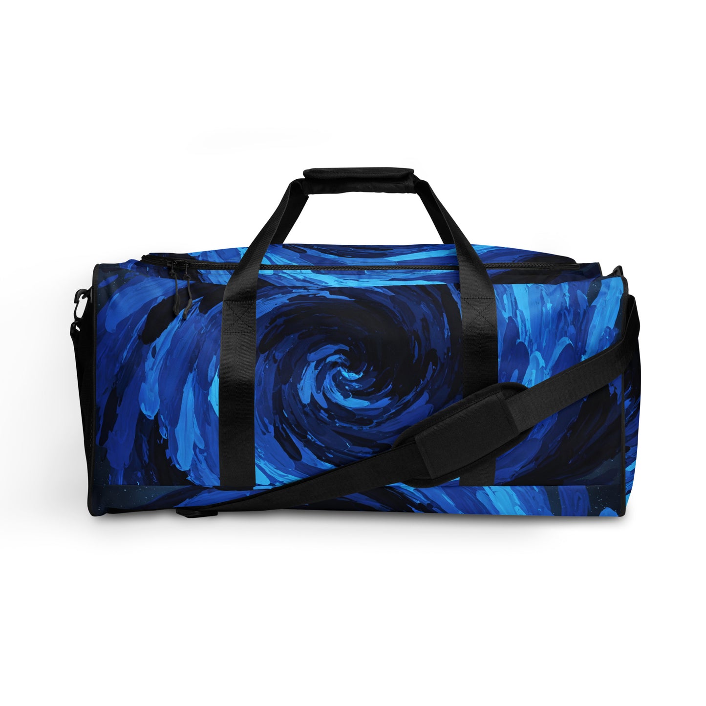 Swirlwind Gear: Blue duffel with spiral design, black handle, versatile use.
