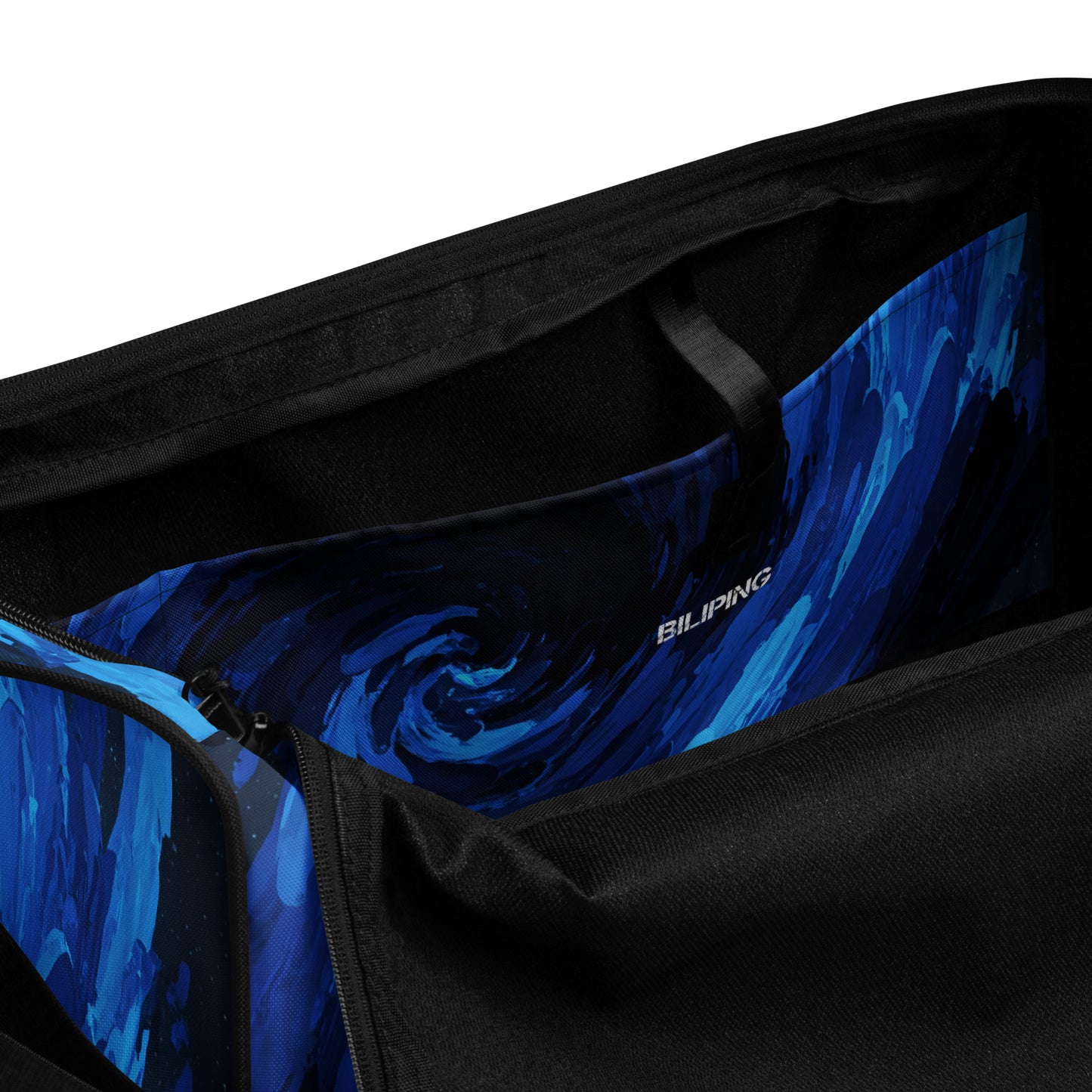 Swirlwind Gear duffel bag close-up showcasing its zippered compartments and sturdy design.