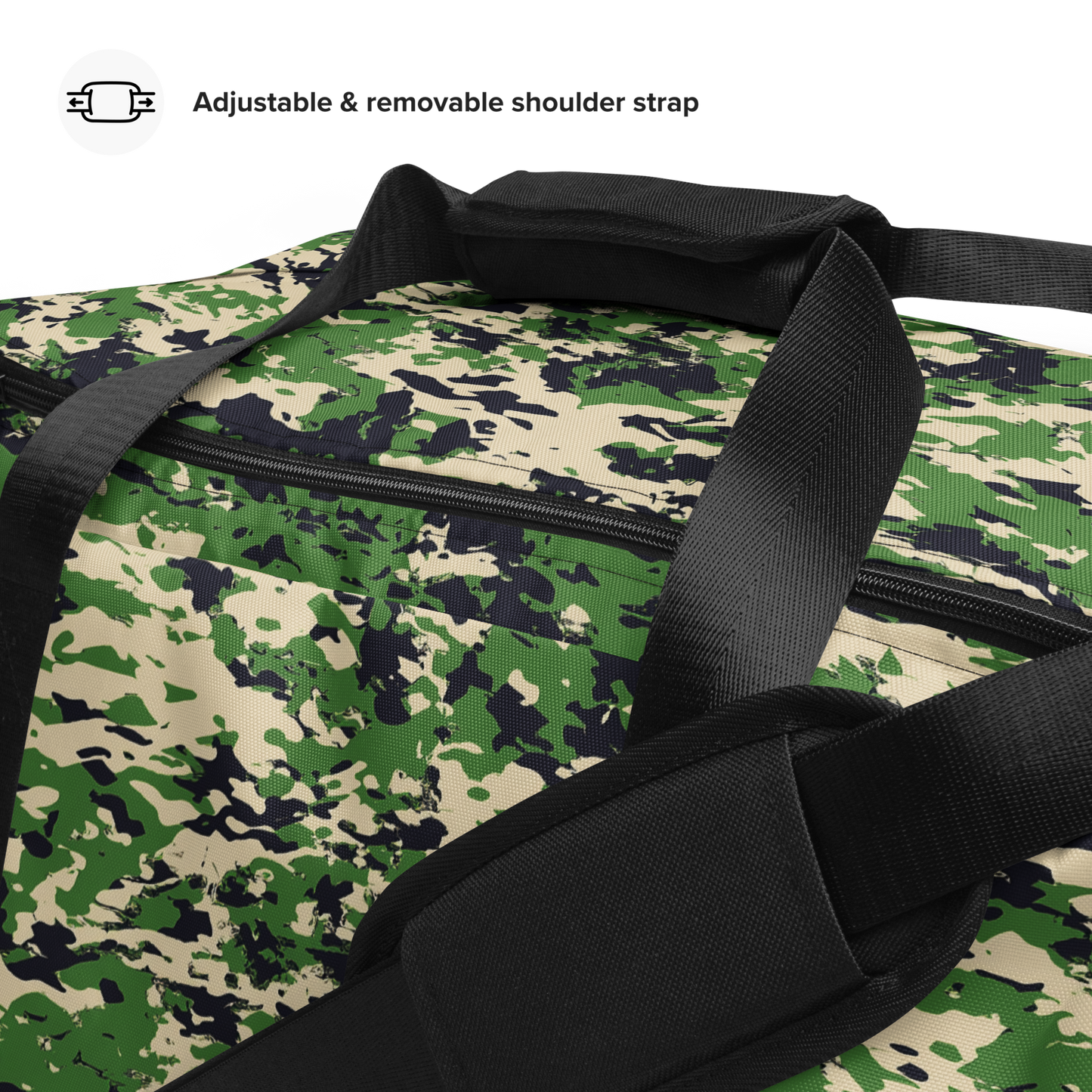 Camo Duffel Bag with multiple pockets and padded strap.