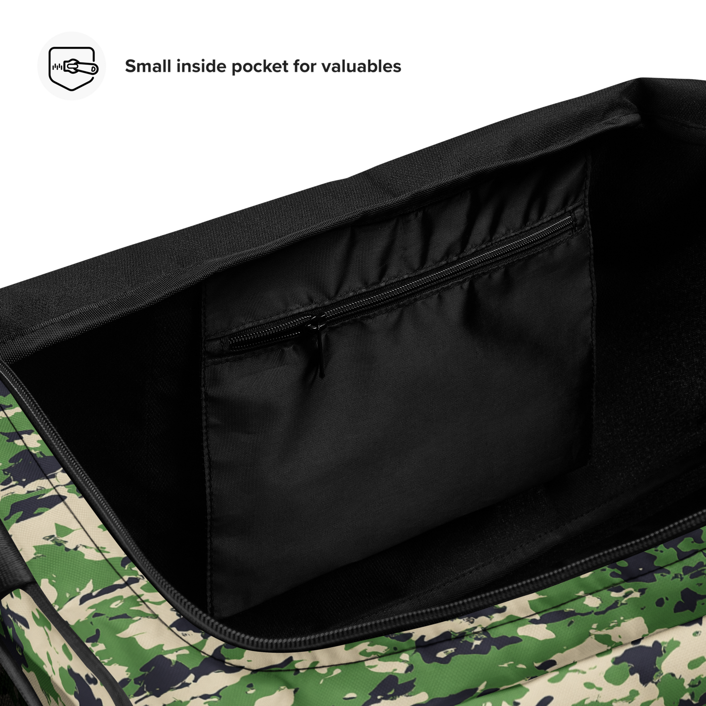 Camo Duffel Bag with multiple compartments and adjustable shoulder strap.