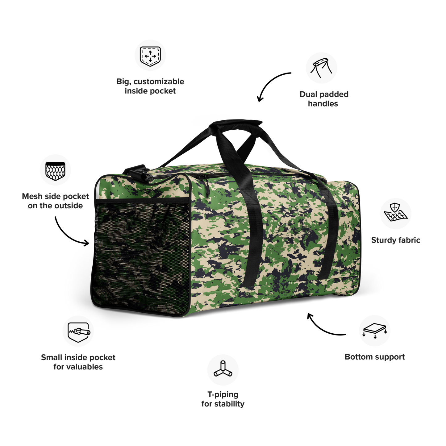 Camo Duffel Bag close-up with logo, showcasing durable design and compartments.