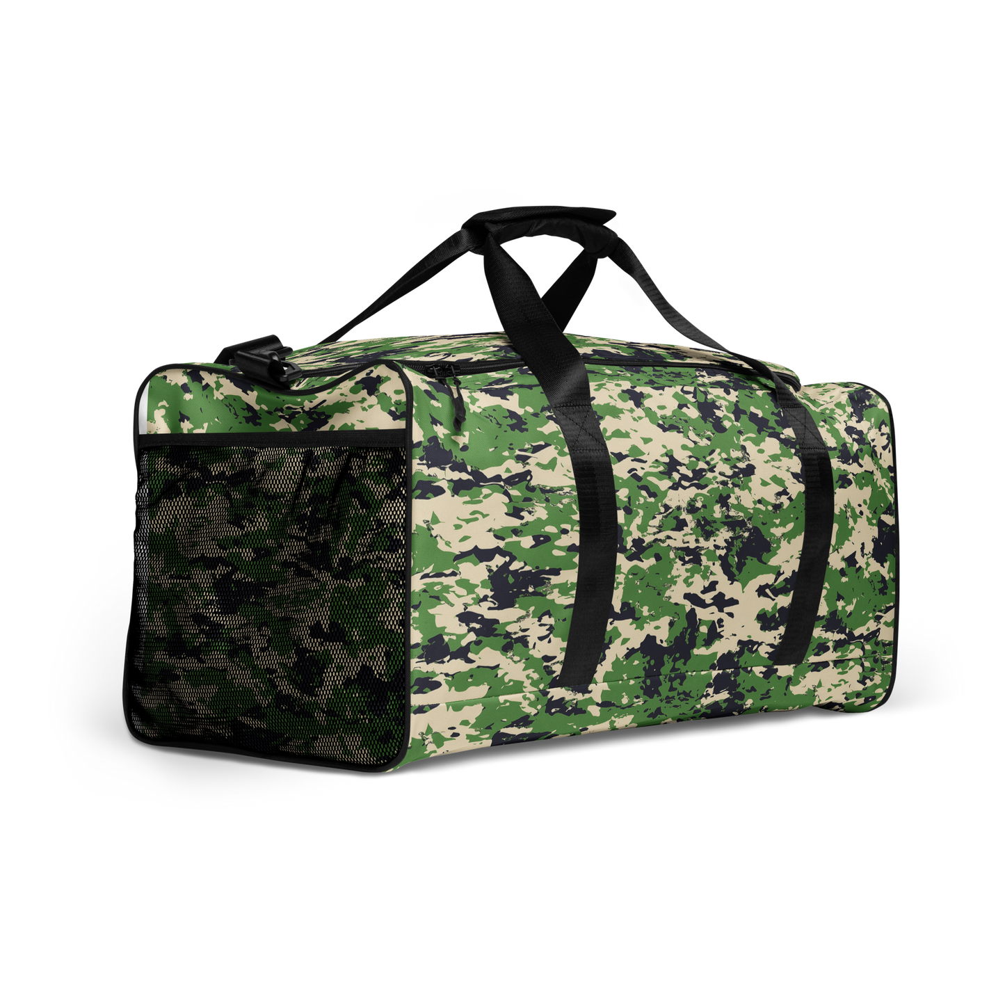 Camo Duffel Bag with adjustable padded strap and multiple compartments.
