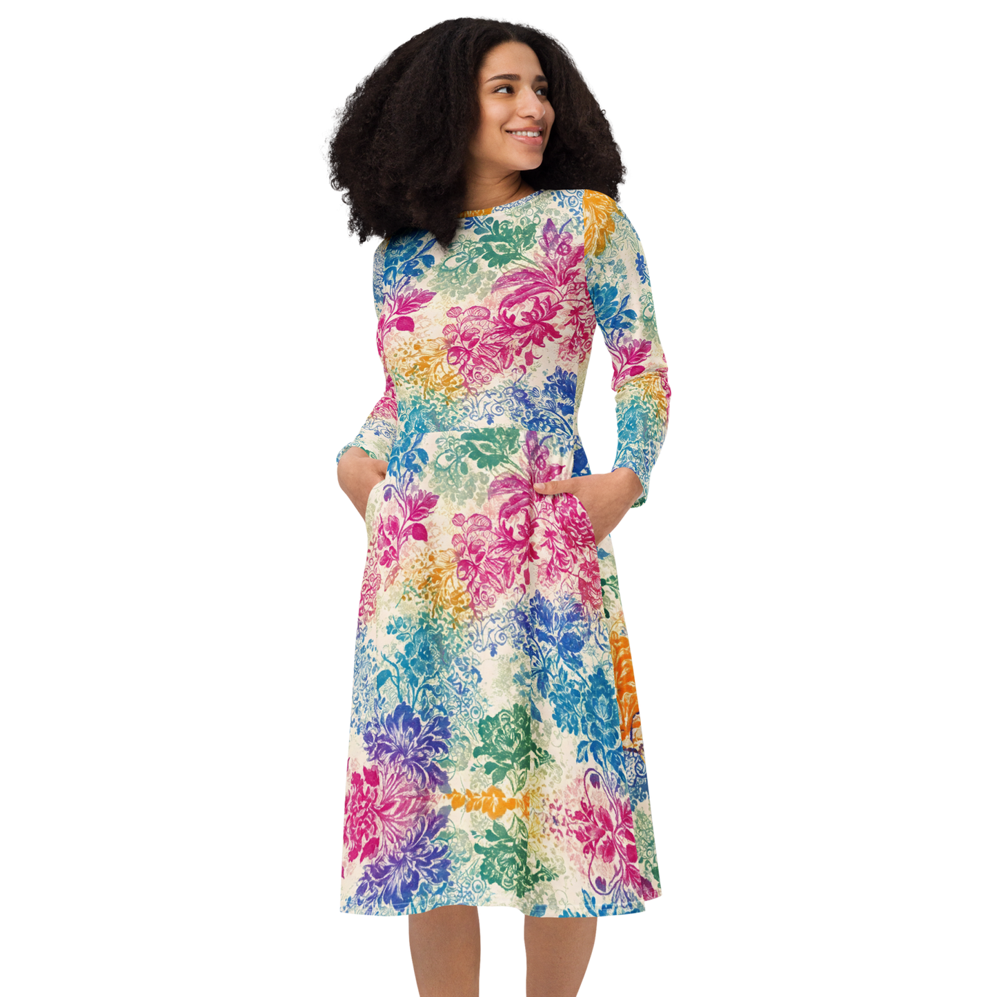 Fiesta Flora Dress with floral pattern, fitted waist, flared skirt, and pockets.