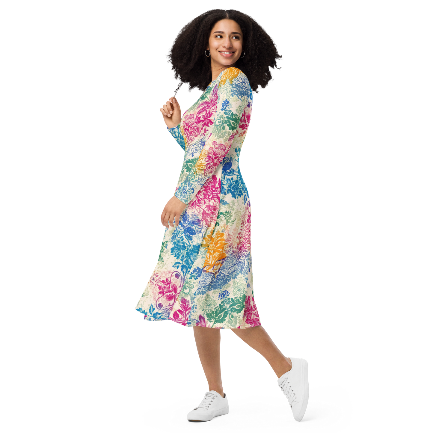 Fiesta Flora Dress showcasing a hand, white shoe, and smiling woman.