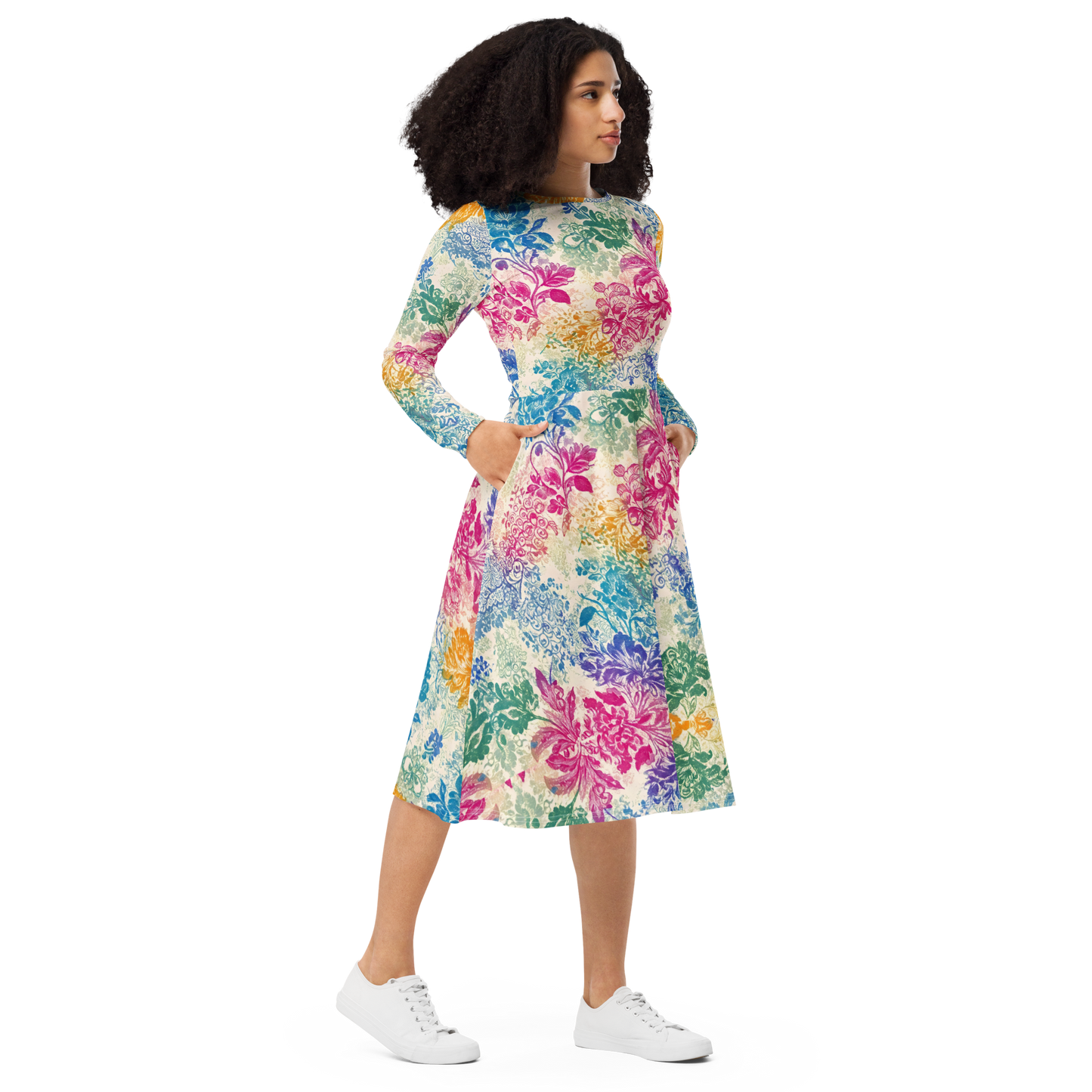 Close-up of the Fiesta Flora Dress showcasing its elegant fabric and flattering fit.