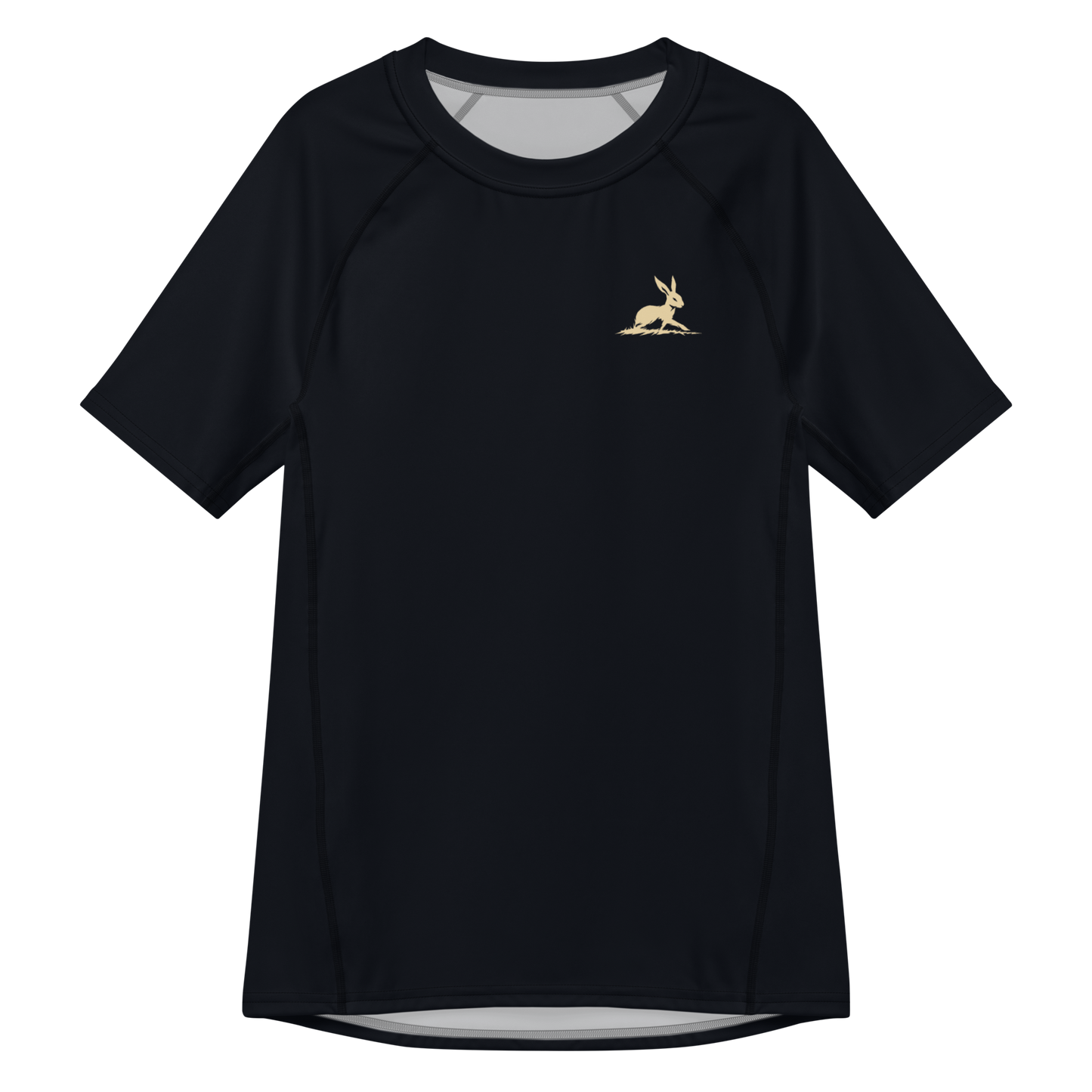 Biliping's Leaping Guard: black shirt with rabbit logo, close-up zipper.
