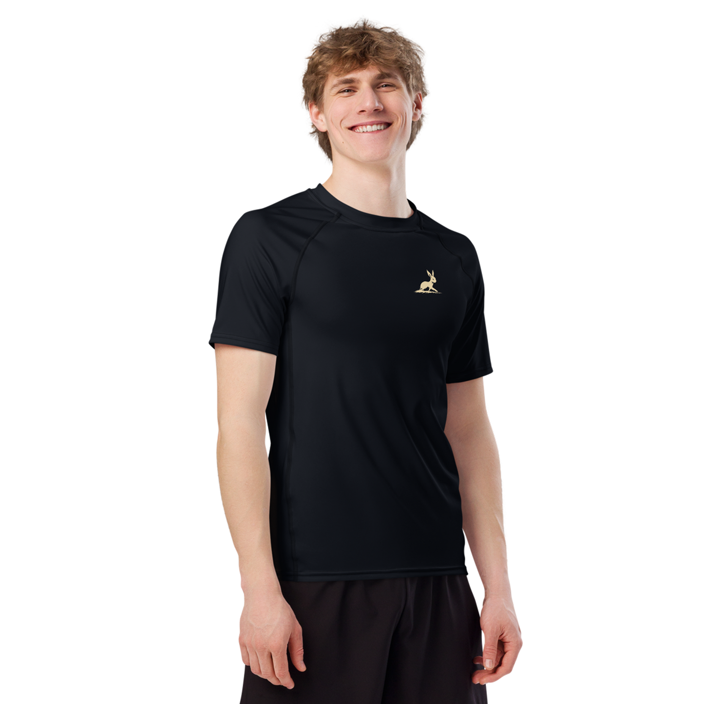Biliping's Leaping Guard: Close-up of a smiling man wearing a sleek active rash guard.