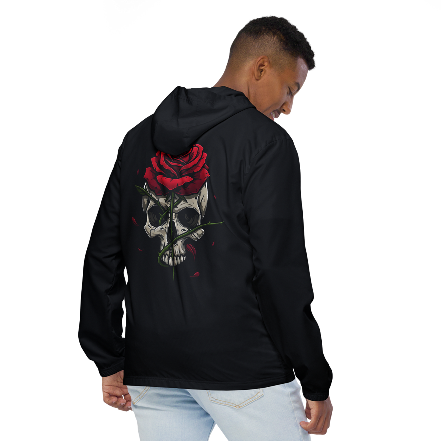 Edge & Echo Windbreaker on man, showing skull and rose design on back.