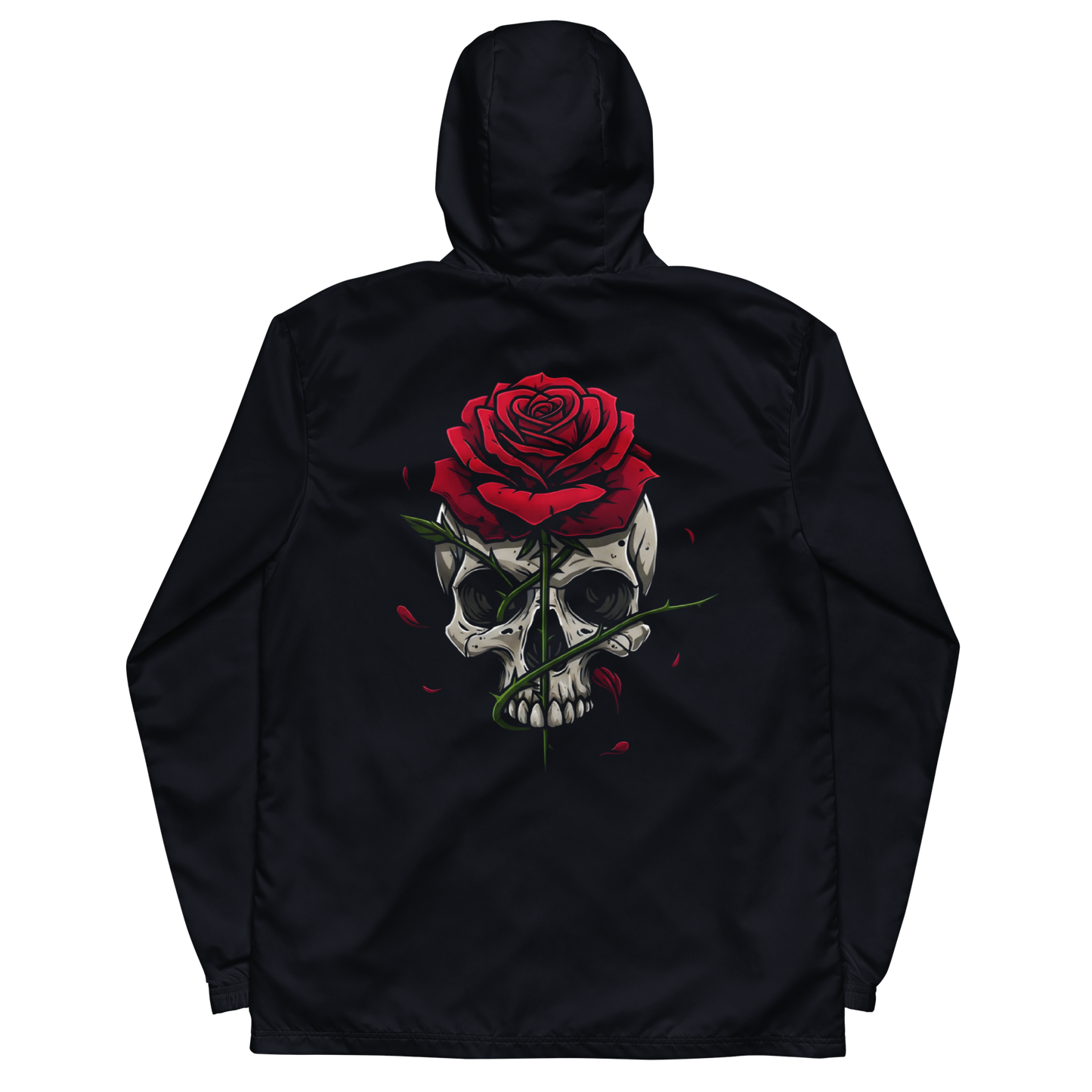 Edge & Echo Windbreaker featuring a skull and rose design on the back.