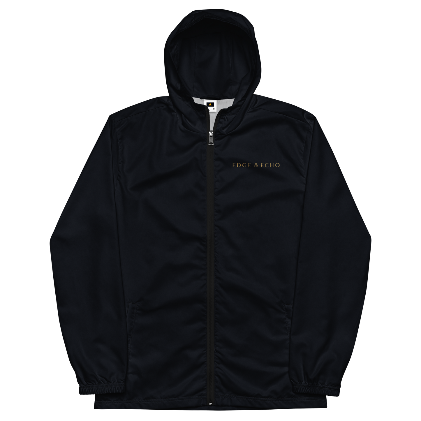 Edge & Echo Windbreaker with hood, white belt, zipper closure.