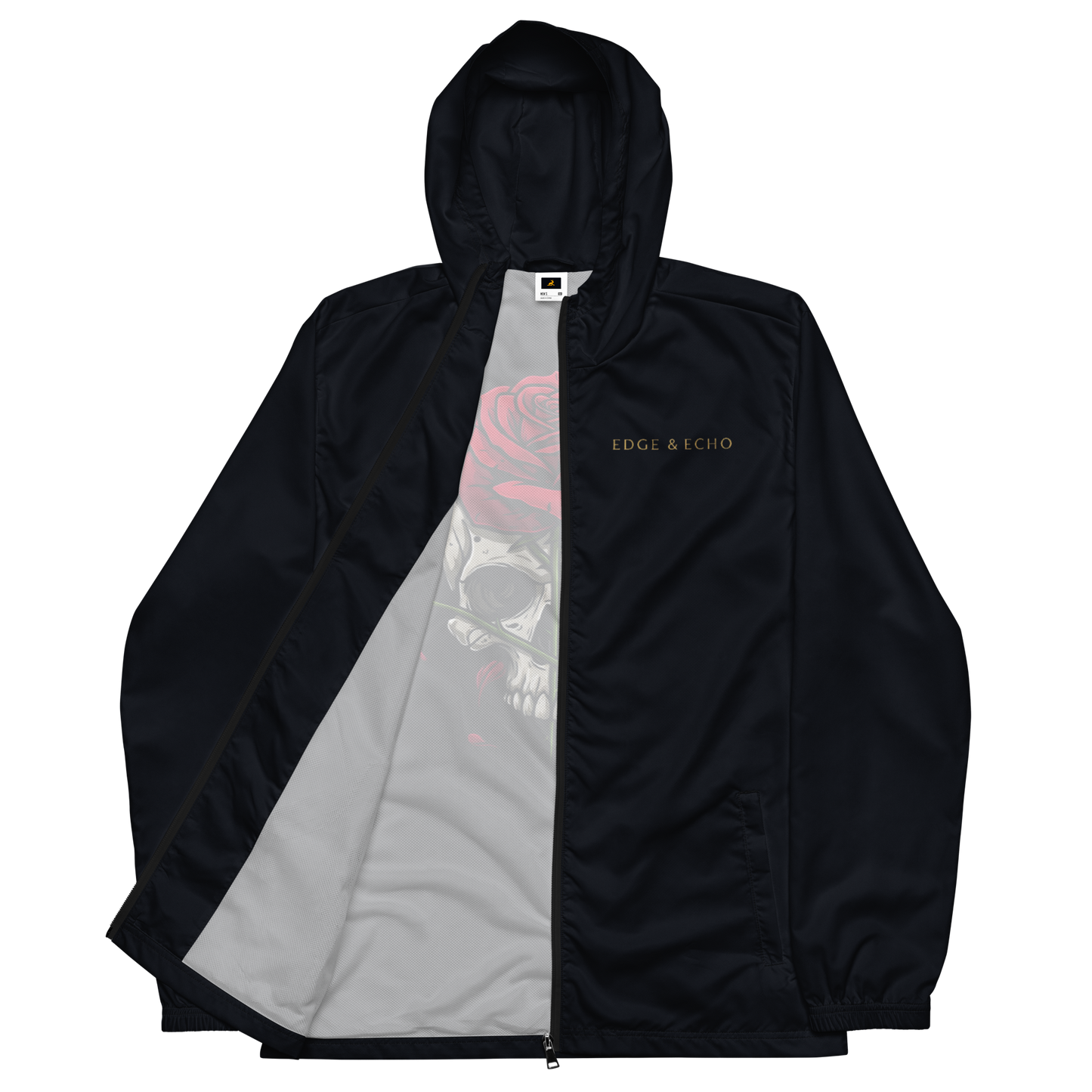 Edge & Echo Windbreaker: black jacket with skull and rose design.