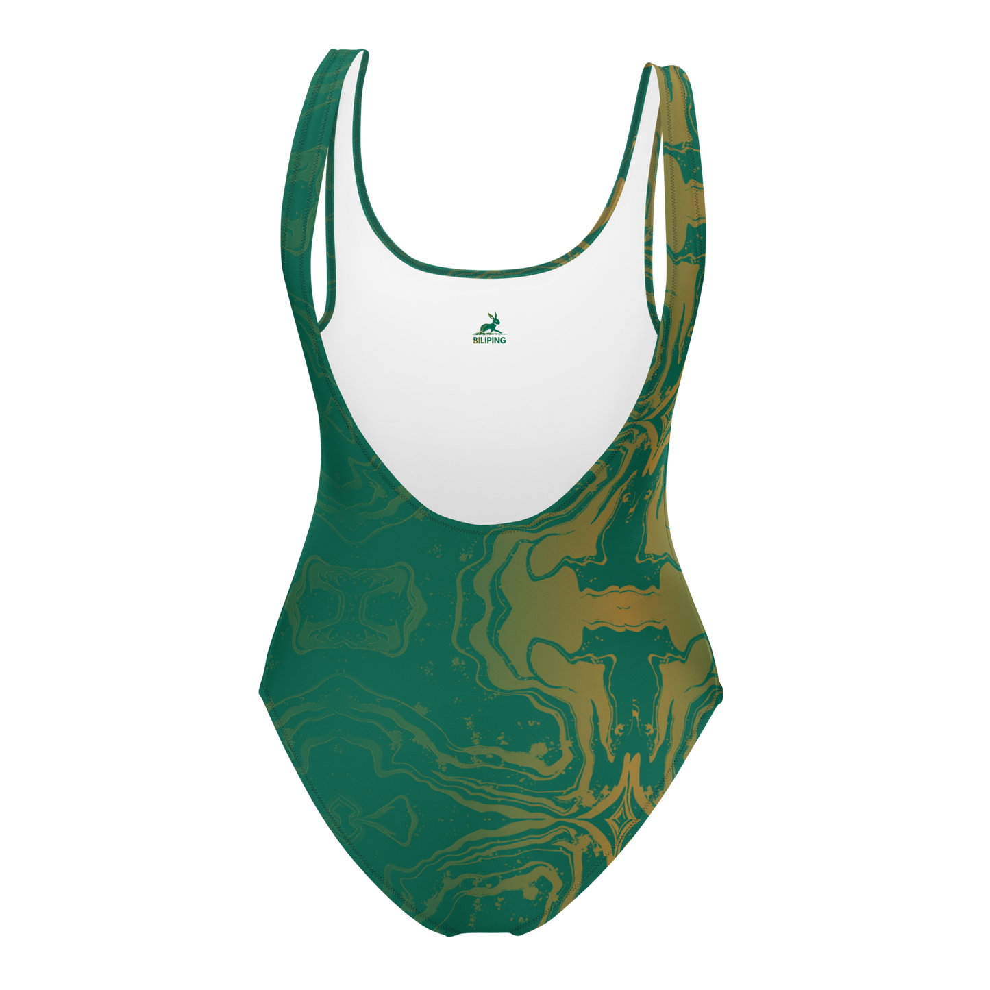 Gold & Jade Flow one-piece swimsuit with scoop back and cheeky cut.