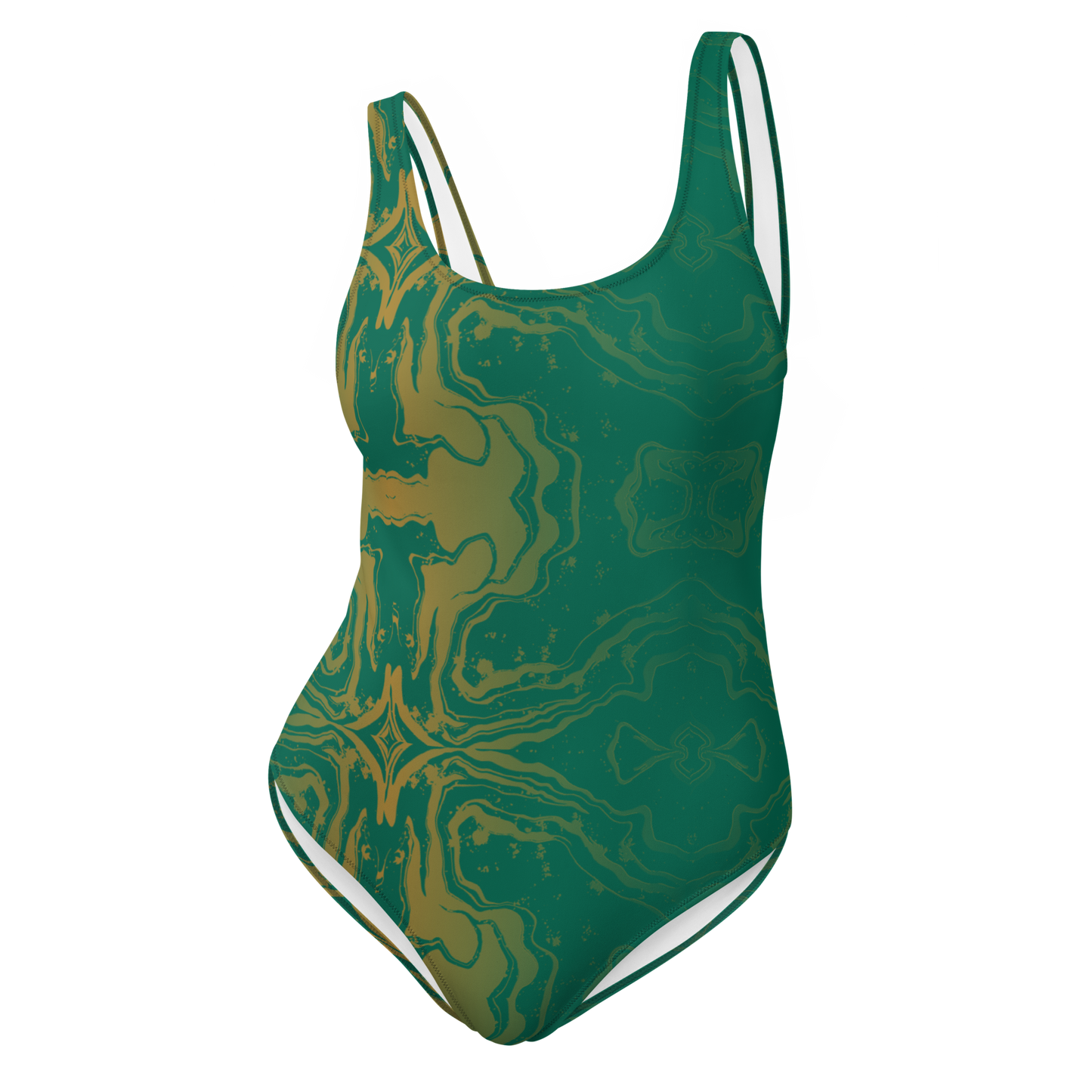 Gold & Jade Flow one-piece swimsuit with scoop neckline and low back.