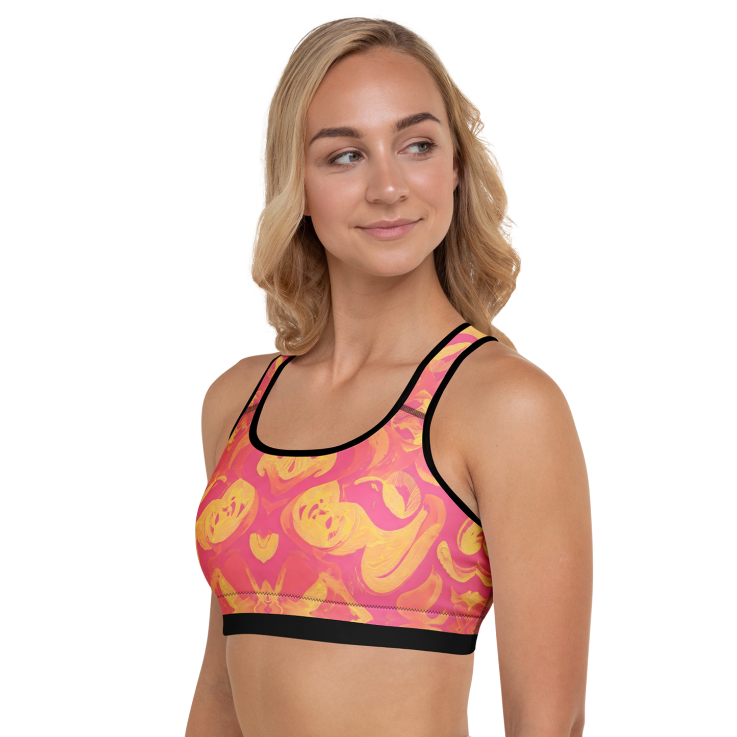 Peach Blaze Sports Bra showcasing reinforced straps and scoop neckline.