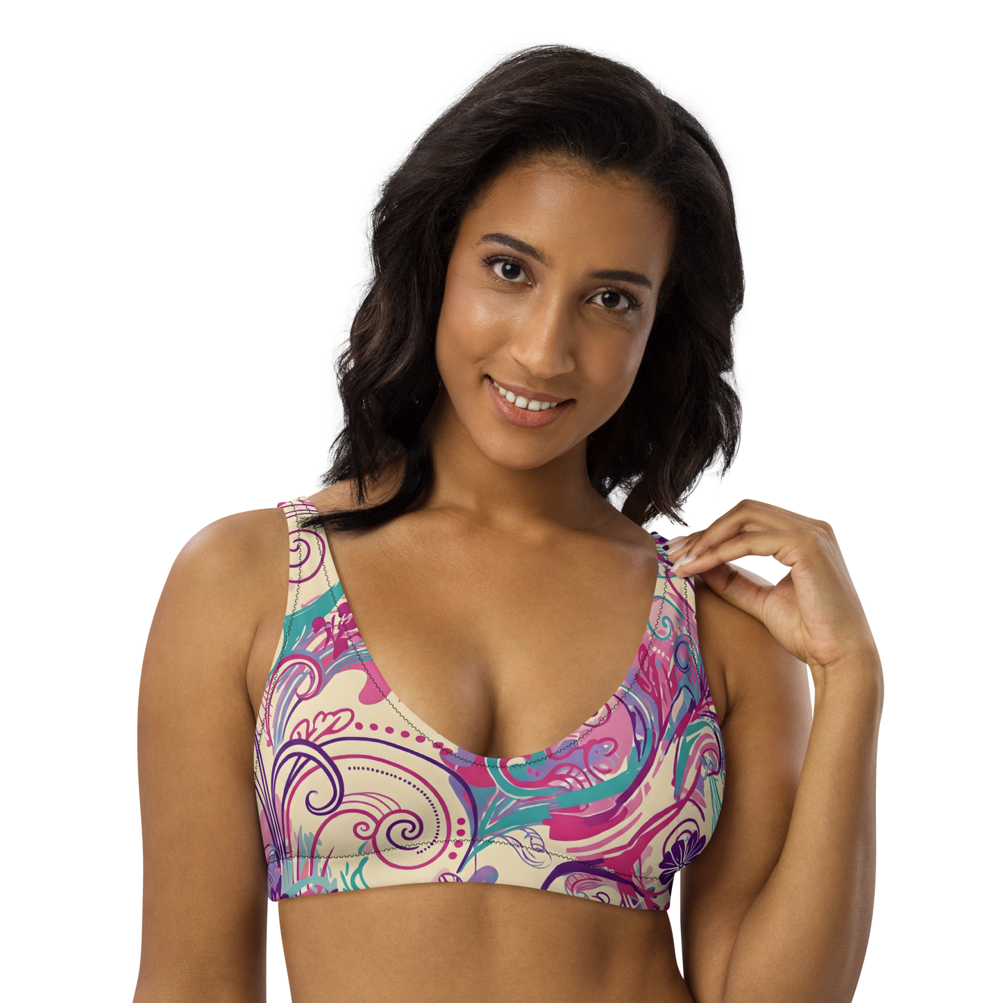 Summer Whirl Bikini Top on model showcasing fit and padding details.