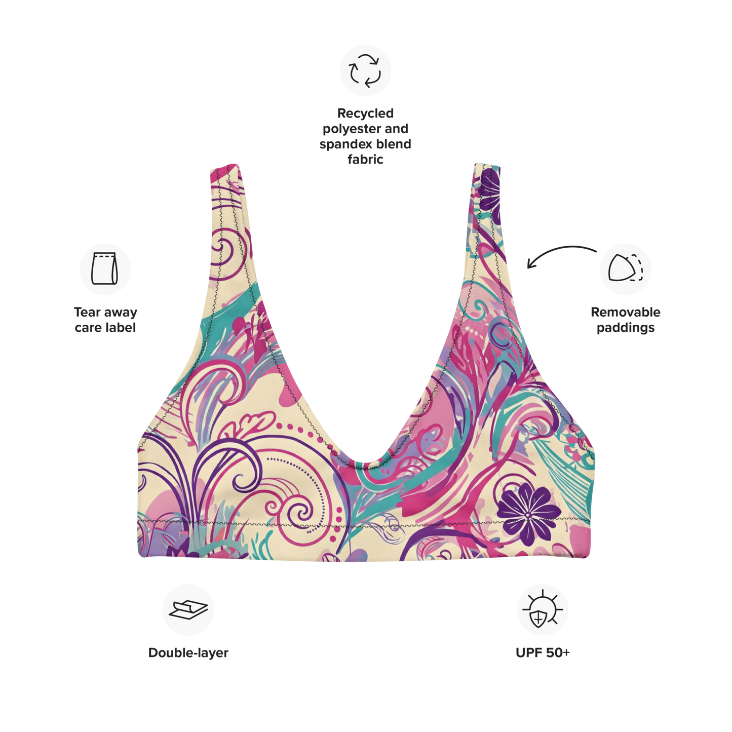 Summer Whirl Bikini Top with removable padding and zig-zag stitching.