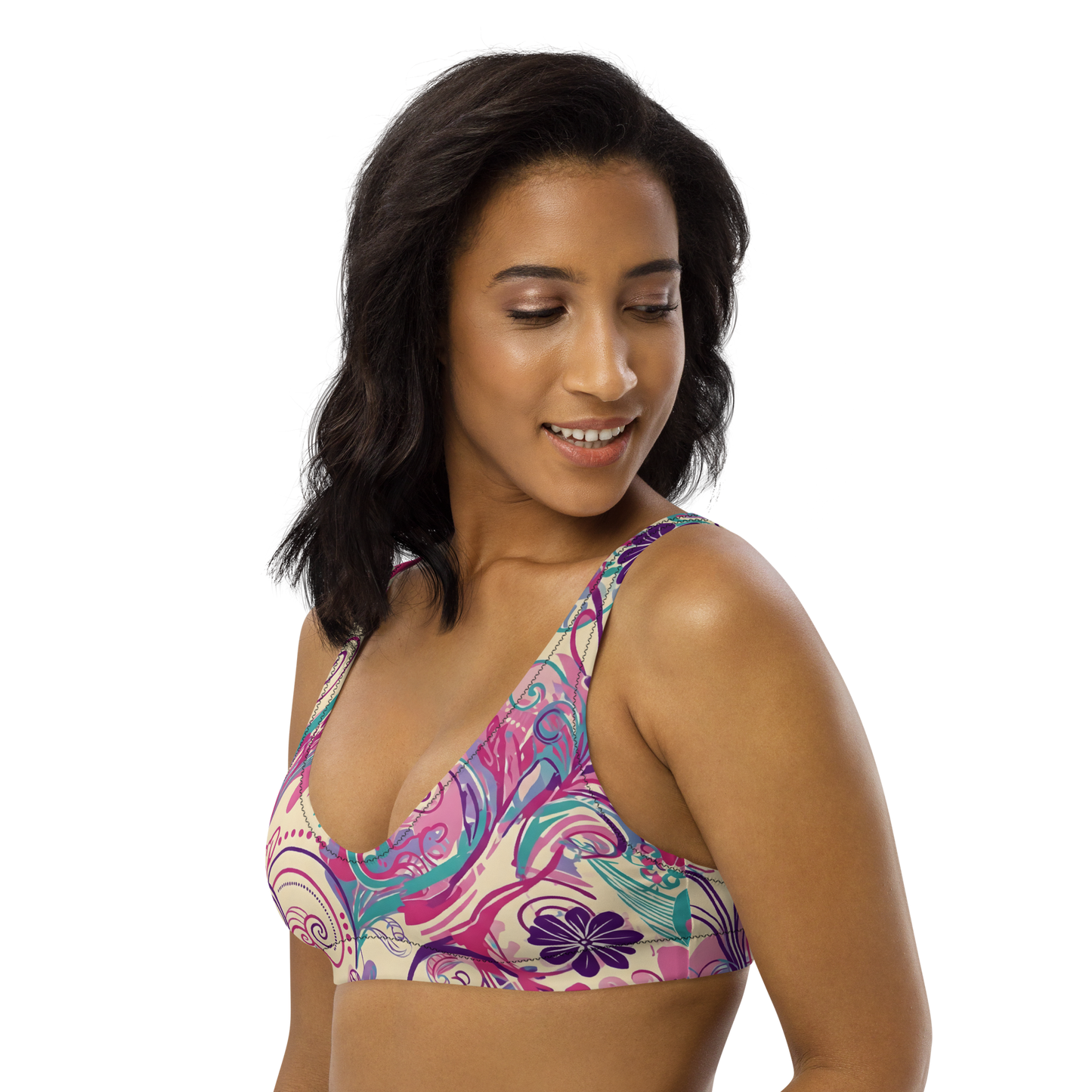 Summer Whirl Bikini Top, close-up of fabric texture and stitching details.