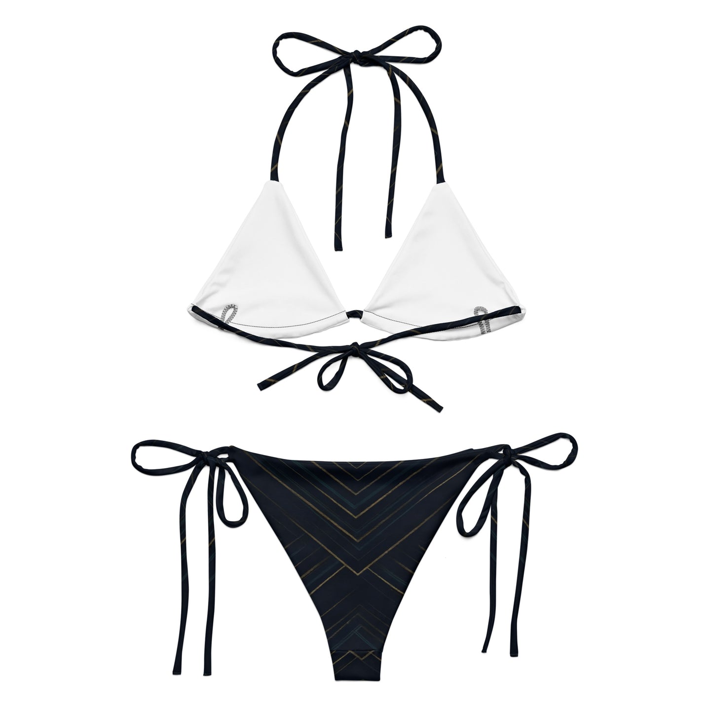 Linear Luxe Bikini with black stripes, showcasing adjustable ties and soft fabric.