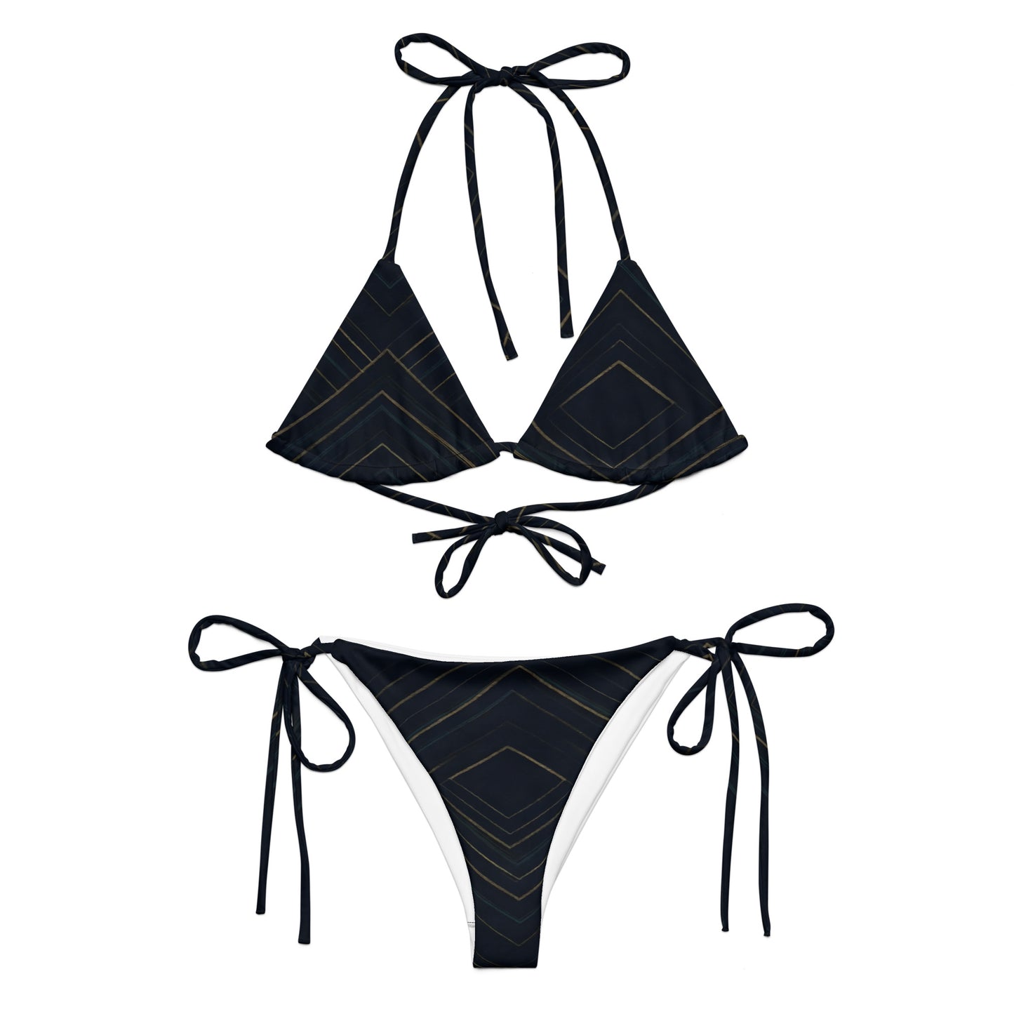 Close-up of Linear Luxe Bikini's adjustable ties and smooth, recycled fabric.