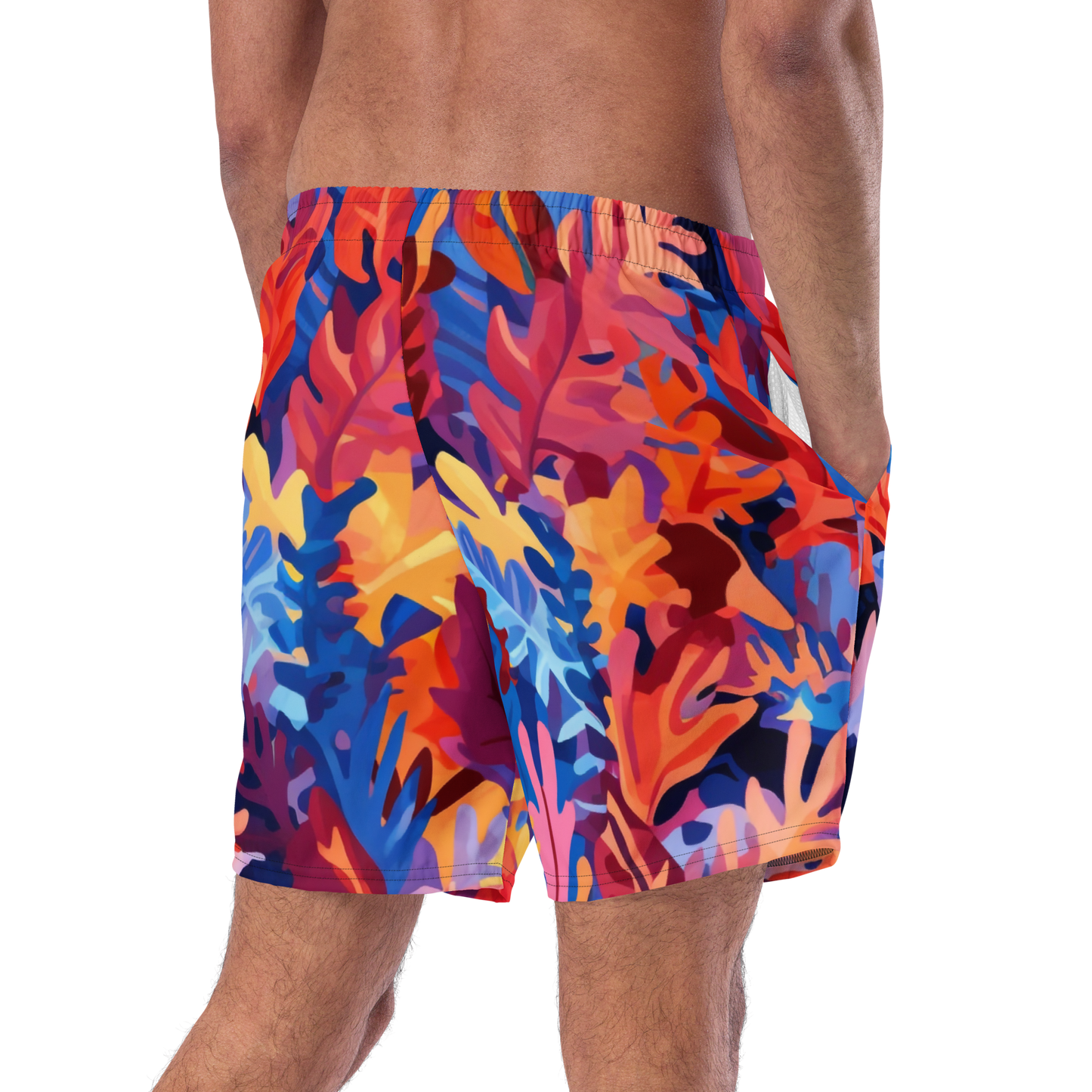 Men's Swim Trunks close-up showcasing hairy leg, emphasizing quick-dry, breathable fabric.