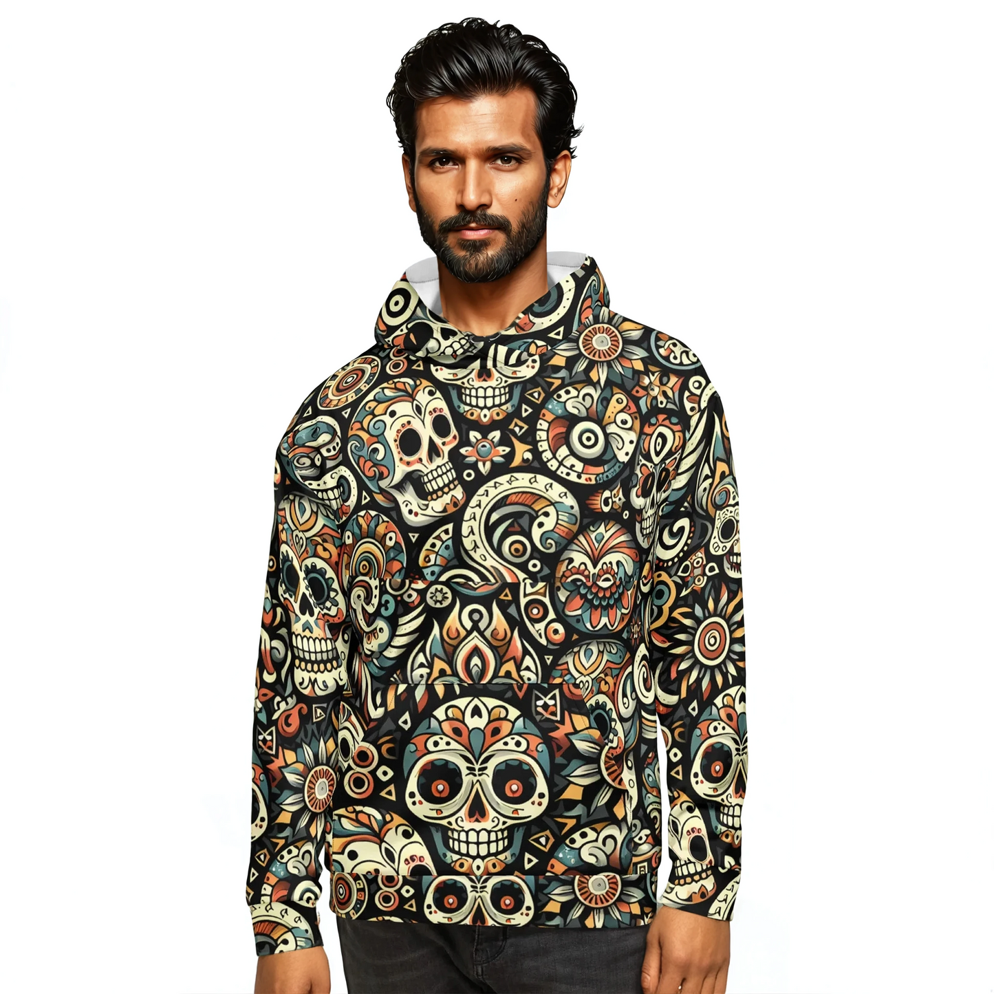 Man wearing Grimz Hoodie with skull design and drawstrings.