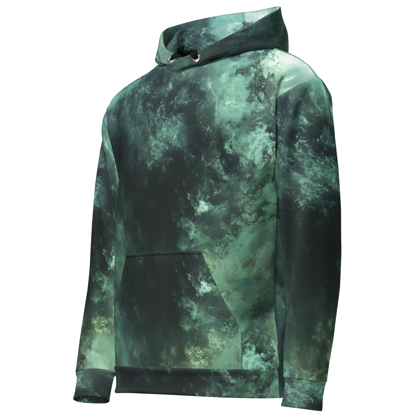 Verdveil cozy unisex hoodie with green print, brushed fleece interior, relaxed fit.