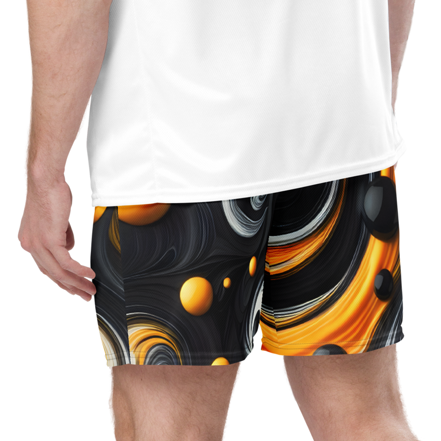 Colorful Mesh Shorts worn by man in a white shirt.