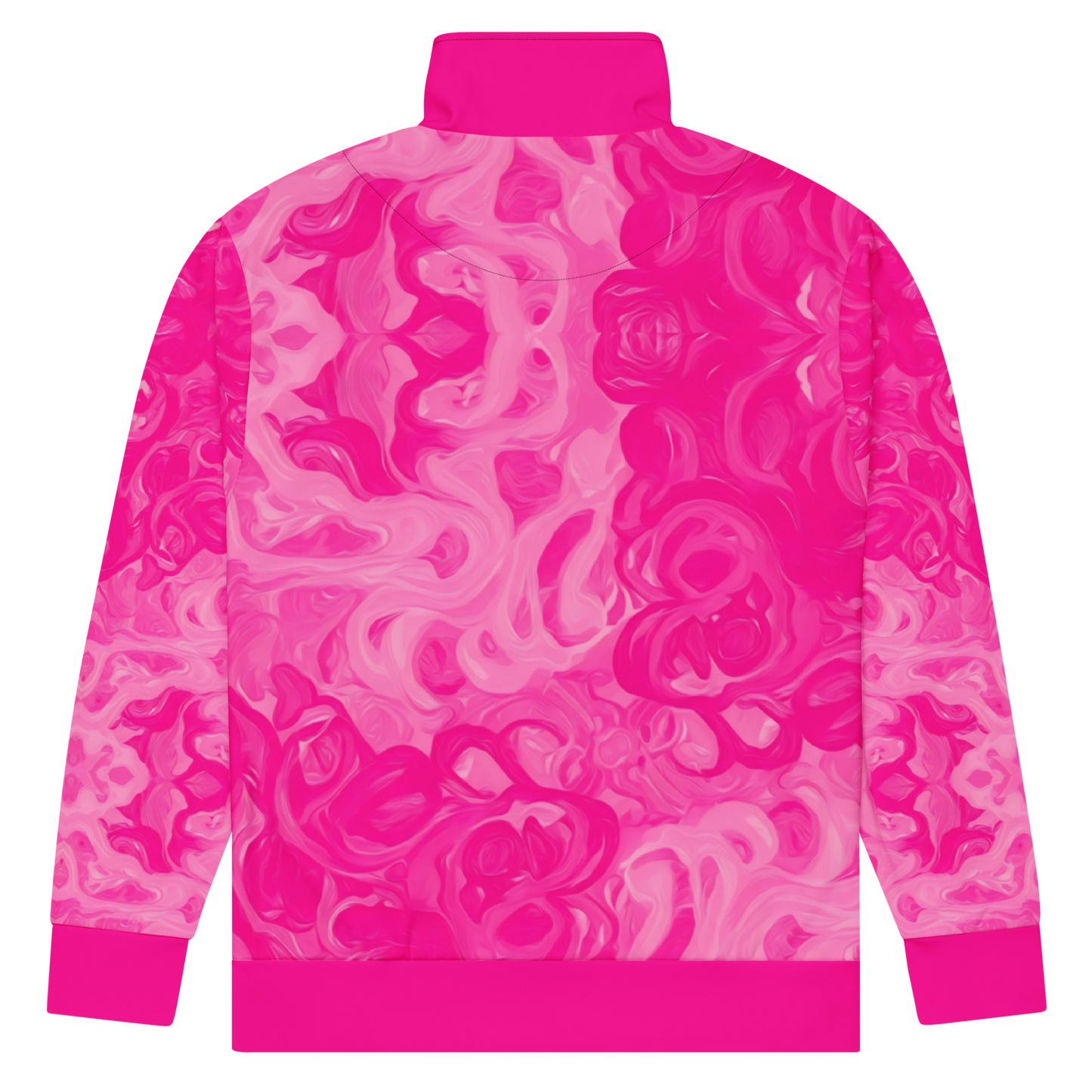 Biliping track jacket with pink and white swirls, zippered front.