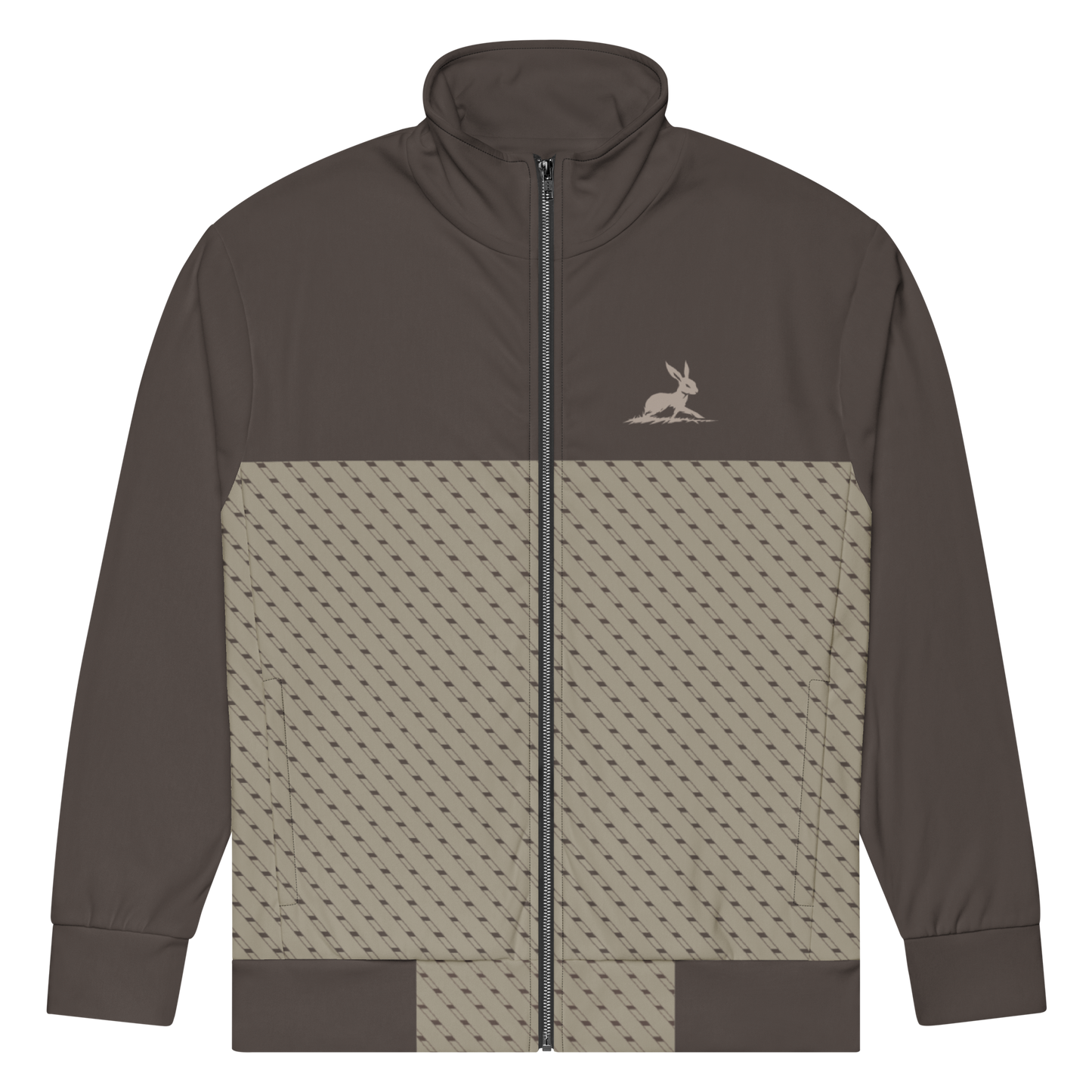 T7 Track Jacket featuring a rabbit design, zipper close-up, and fabric texture.