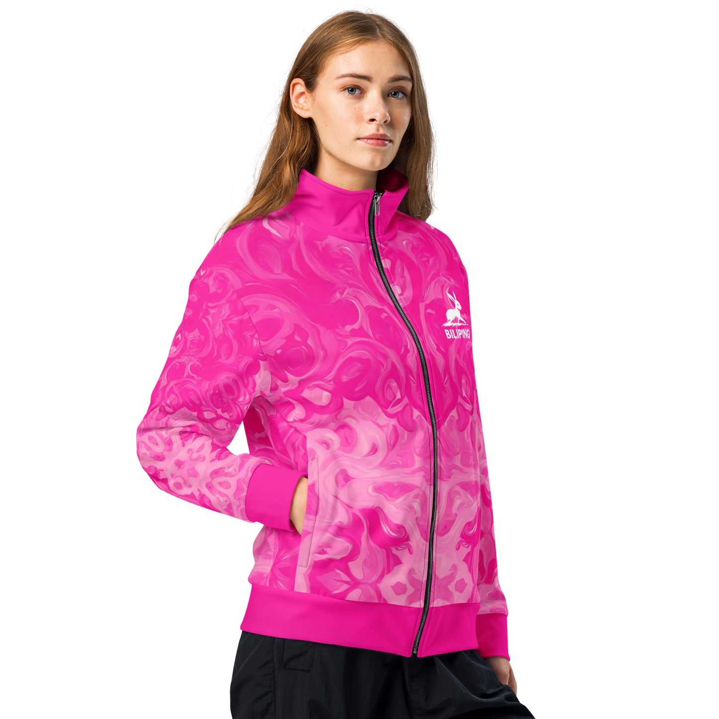 Person modeling Biliping track jacket, showcasing its sleek fit and zippered pockets.