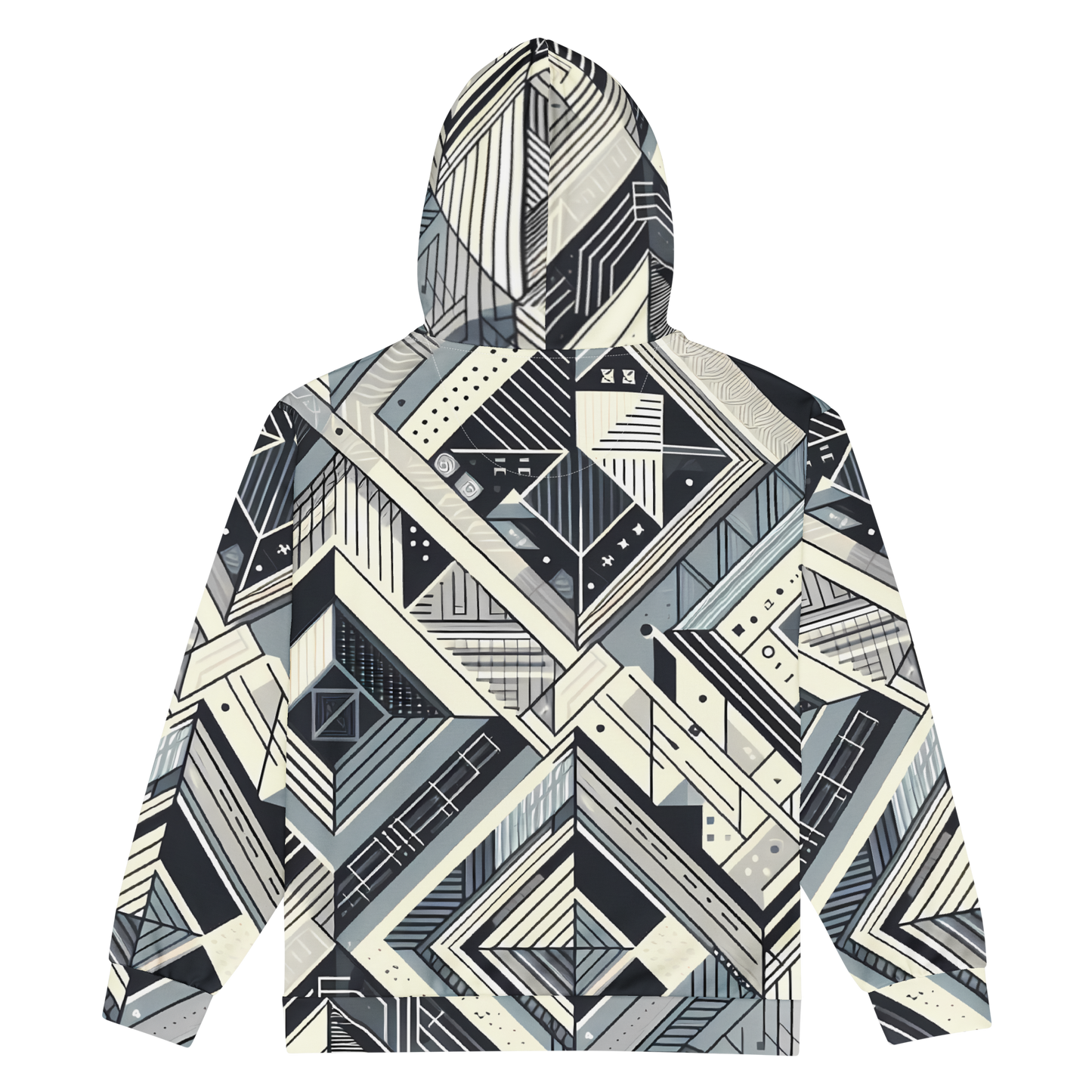 Zip hoodie of Pattern Sq, soft, recycled fabric, close-up of shirt design.