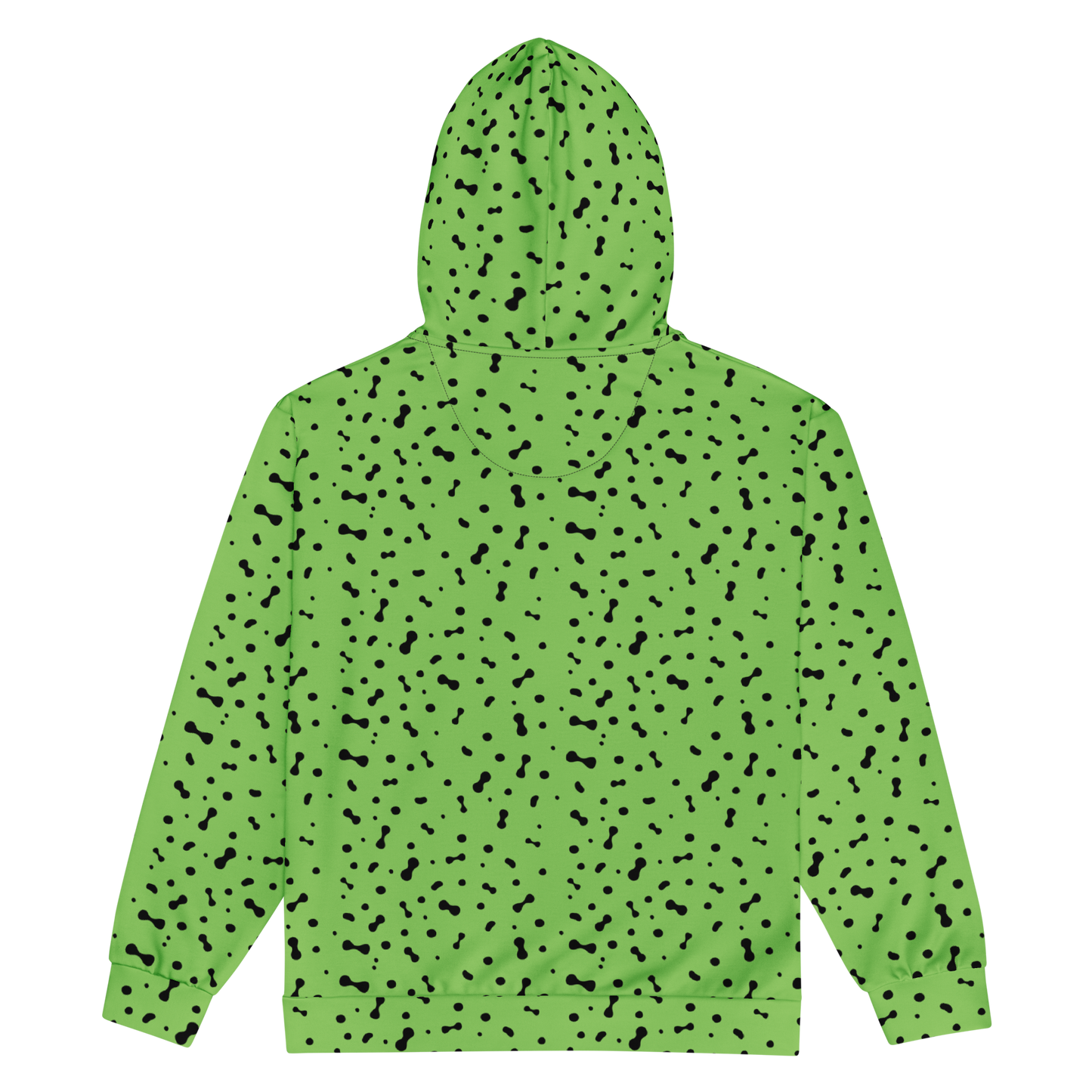 Fleca zip Hoodie with black spots, zip, and hood shown.