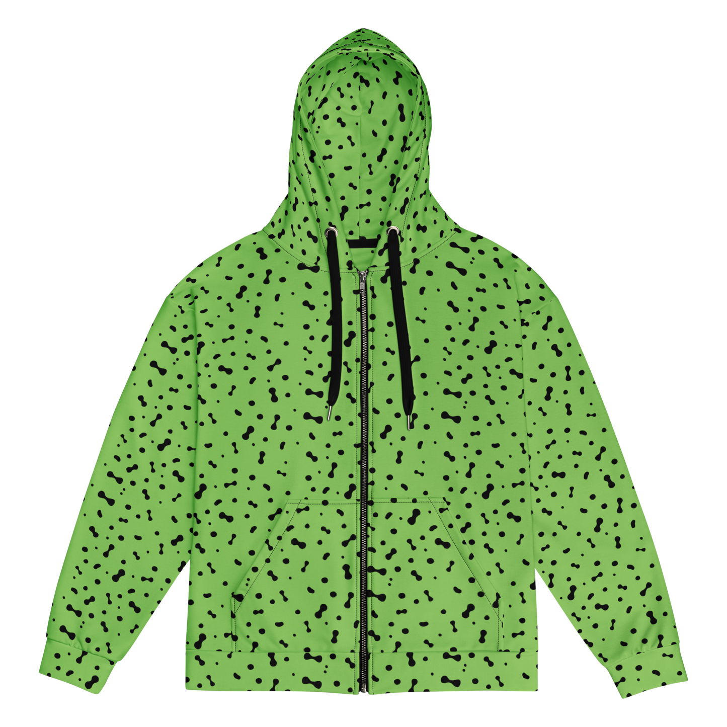 Fleca zip Hoodie with black spots, zipper detail shown.